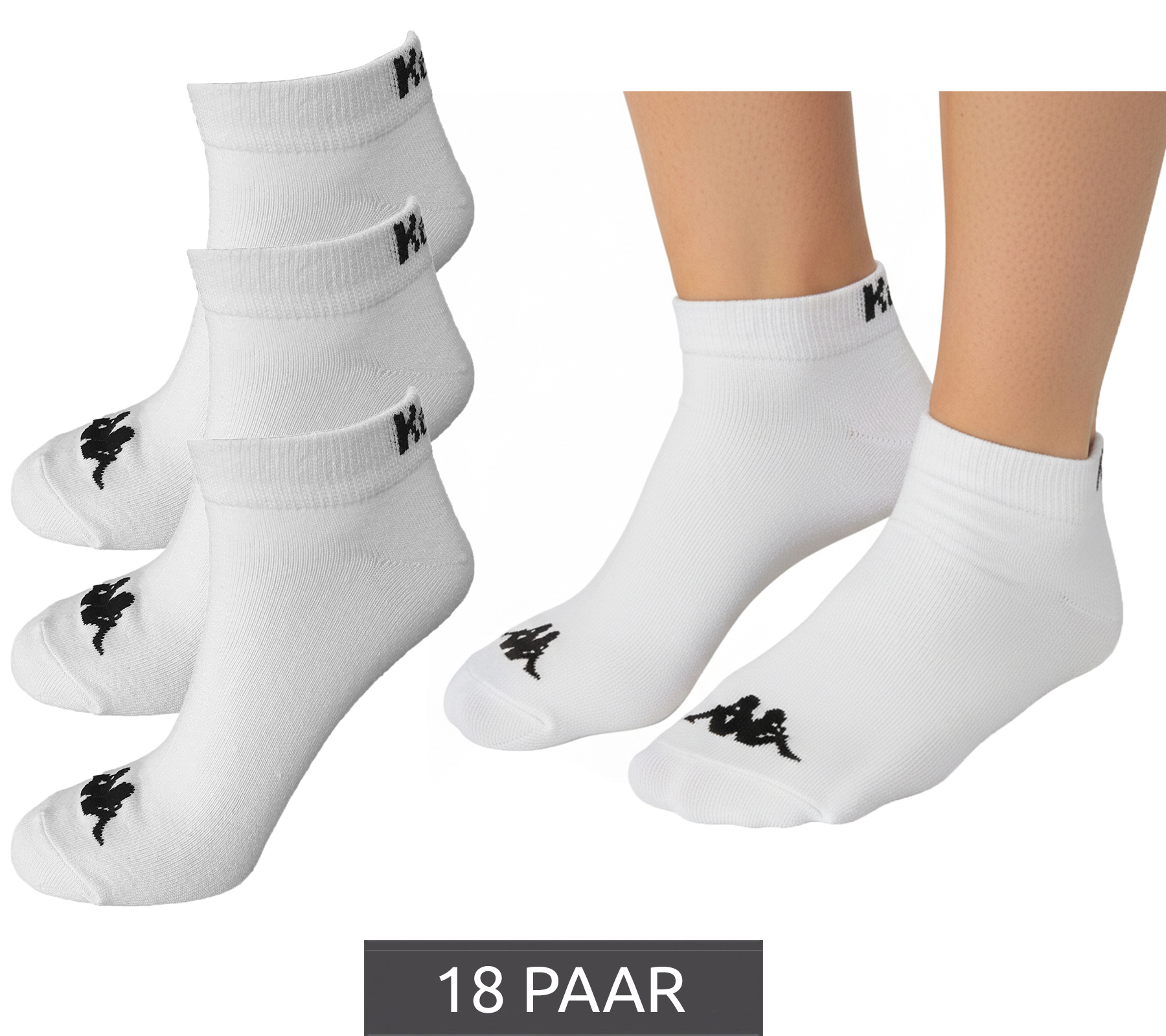 18 Paar Kappa Sportsocken Sneaker-Socken Baumwoll-Strümpfe mit Logo 3112YCW A00 Weiß