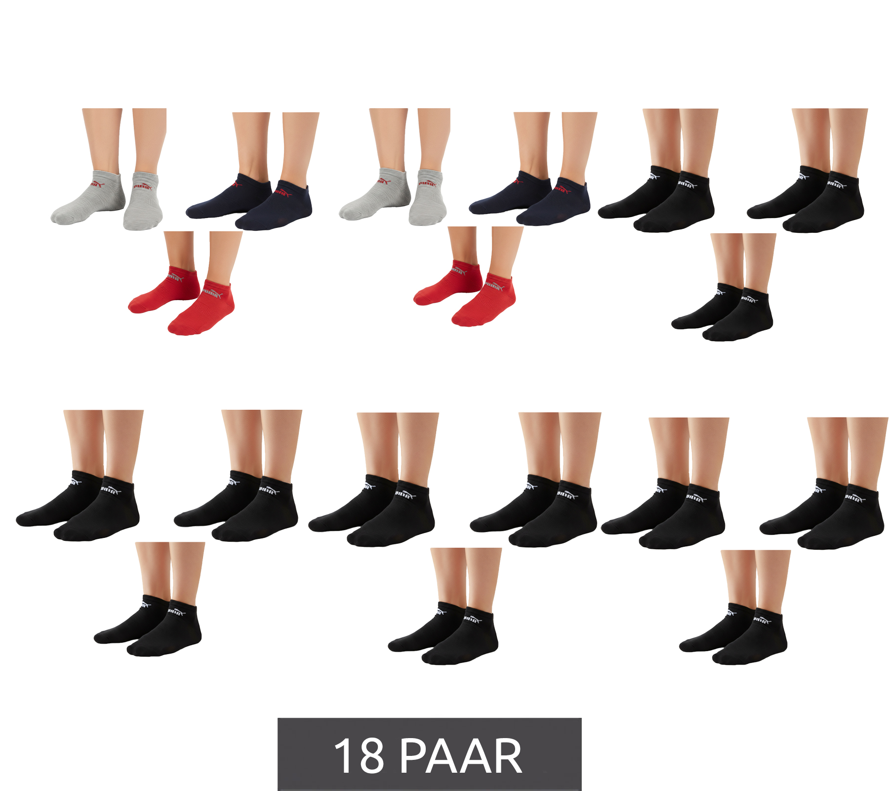 18 Paar PUMA Baumwoll-Socken schlichte Sneaker-Socken Kurz-Socken Baumwoll-Socken Strümpfe 701213401 4689 Schwarz/Grau, Rot und Dunkelblau