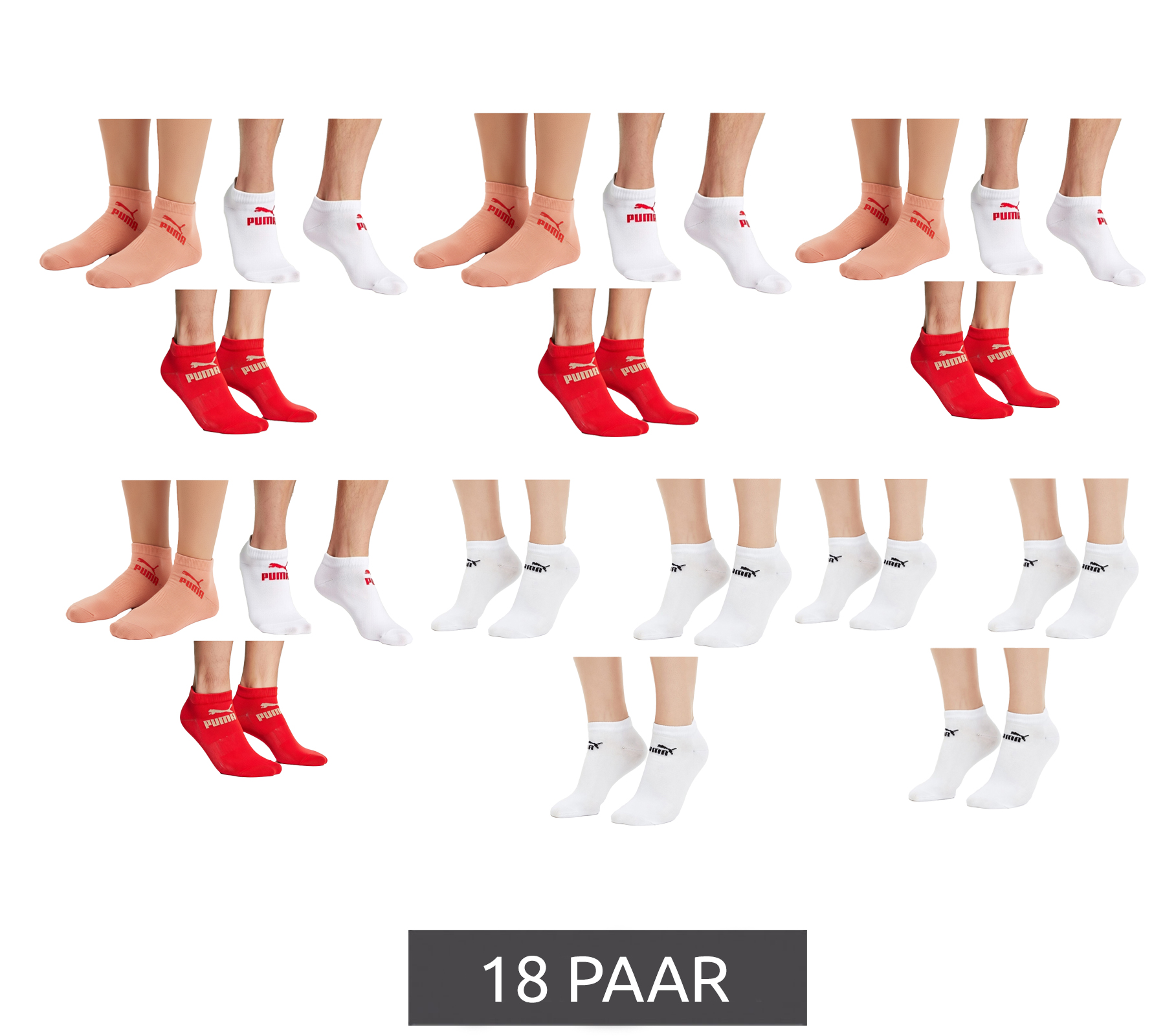 18 Paar PUMA Baumwoll-Socken schlichte Sneaker-Socken Kurz-Socken Baumwoll-Socken Strümpfe 701213401 4692 Weiß/Coral, Rot und Weiß