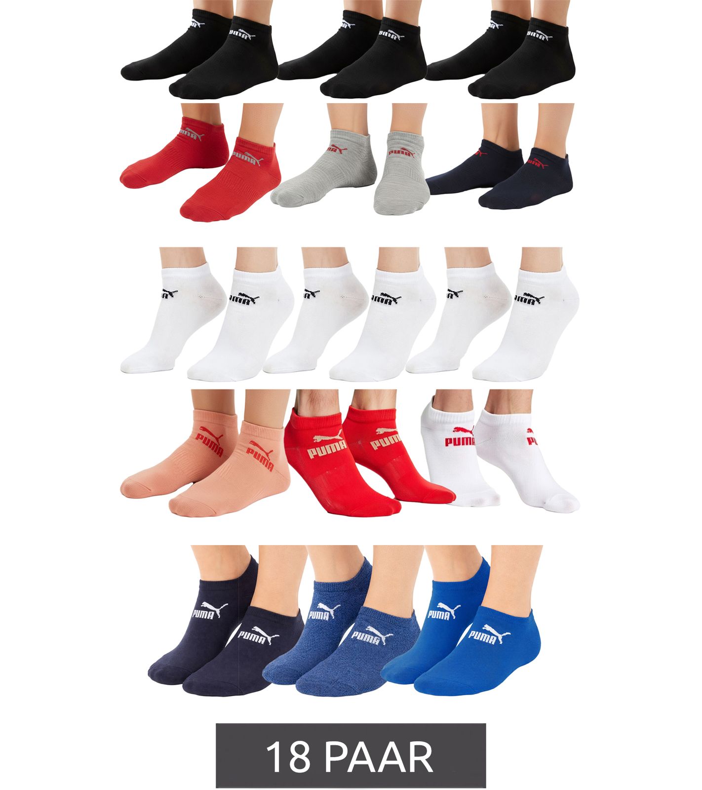 18 Paar PUMA Baumwoll-Socken schlichte Sneaker-Socken Kurz-Socken Baumwoll-Socken Strümpfe 701213401 in Schwarz/Grau/Navy/Rot, Weiß/Pfirsich/Korallen-Rot oder Navy/Blau-Meliert/Royal-Blau