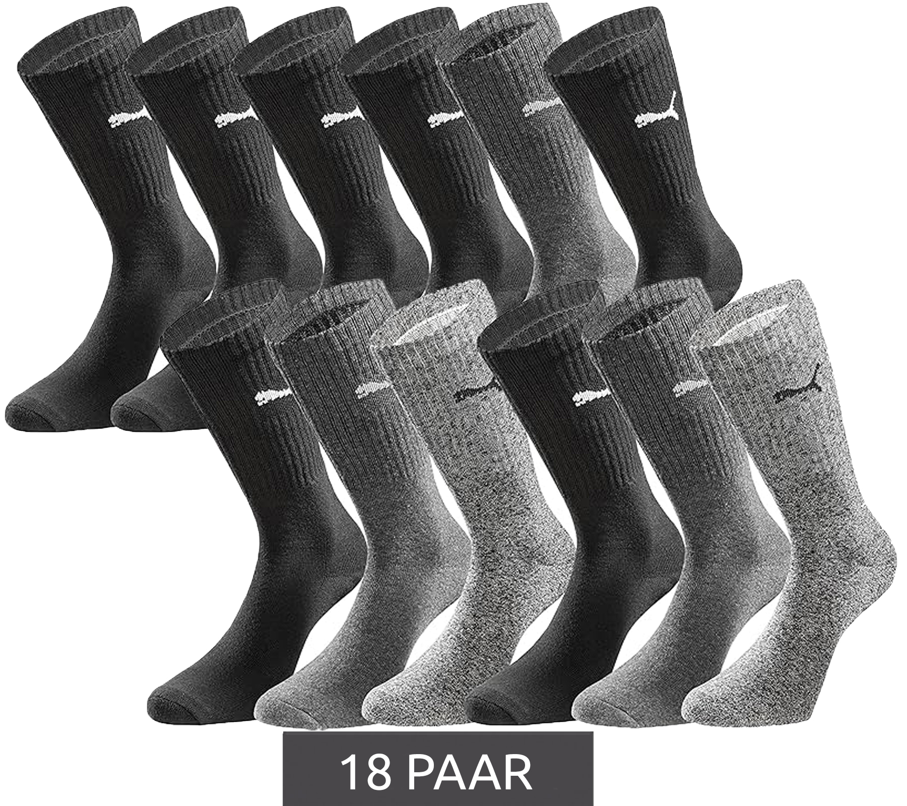 18 Paar PUMA Crew-Socken dickere Business-Strümpfe mit gepolsterten Fußbereich Baumwoll-Socken atmungsaktive Alltags-Socken extra weicher Bund 701224759 in Schwarz/Anthrazit/Grau meliert oder Schwarz/Anthrazit