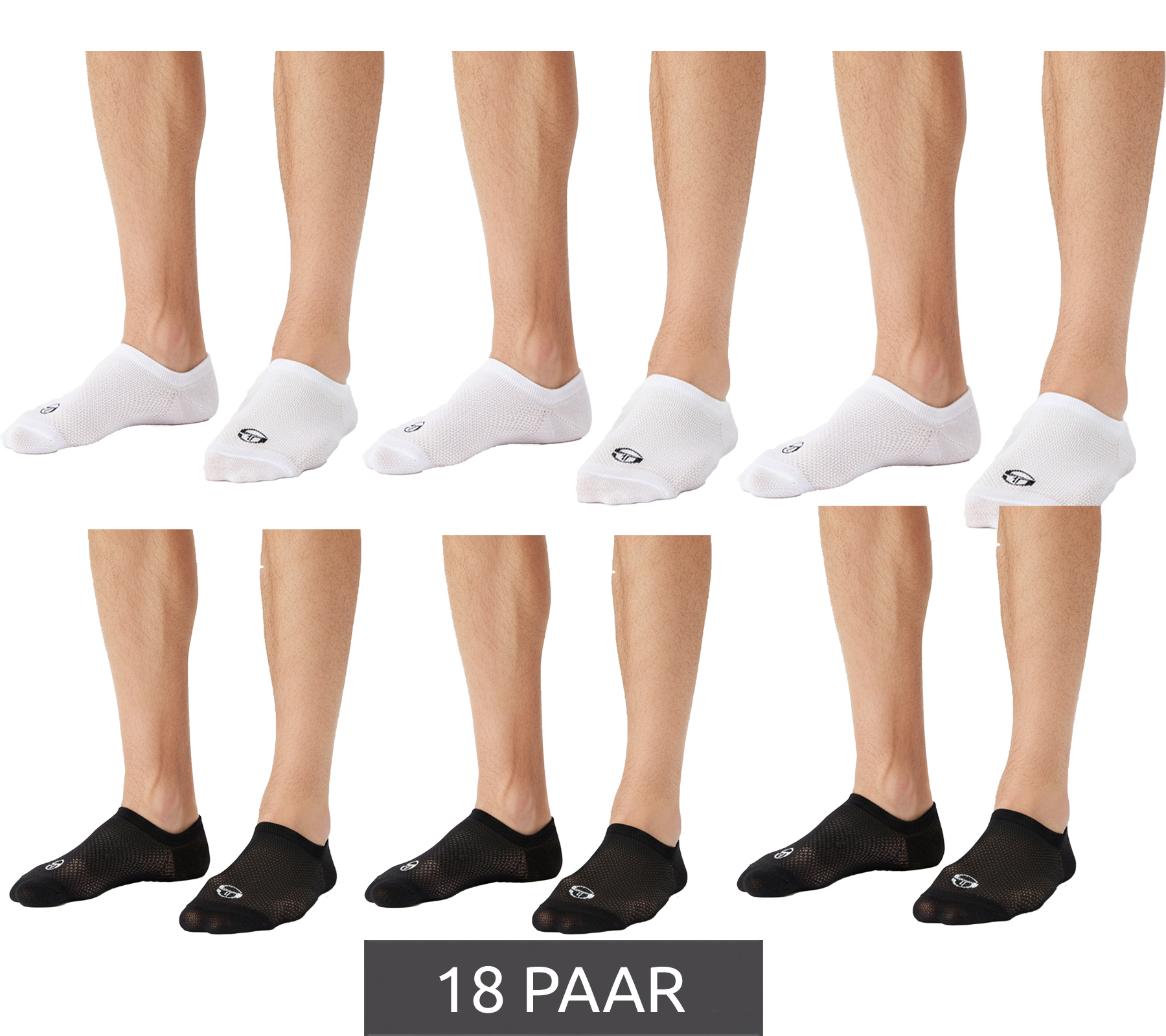 18 Paar Sergio Tacchini Invisible Footie Füßlinge kurze Sommer-Socken Baumwoll-Strümpfe Schwarz oder Weiß