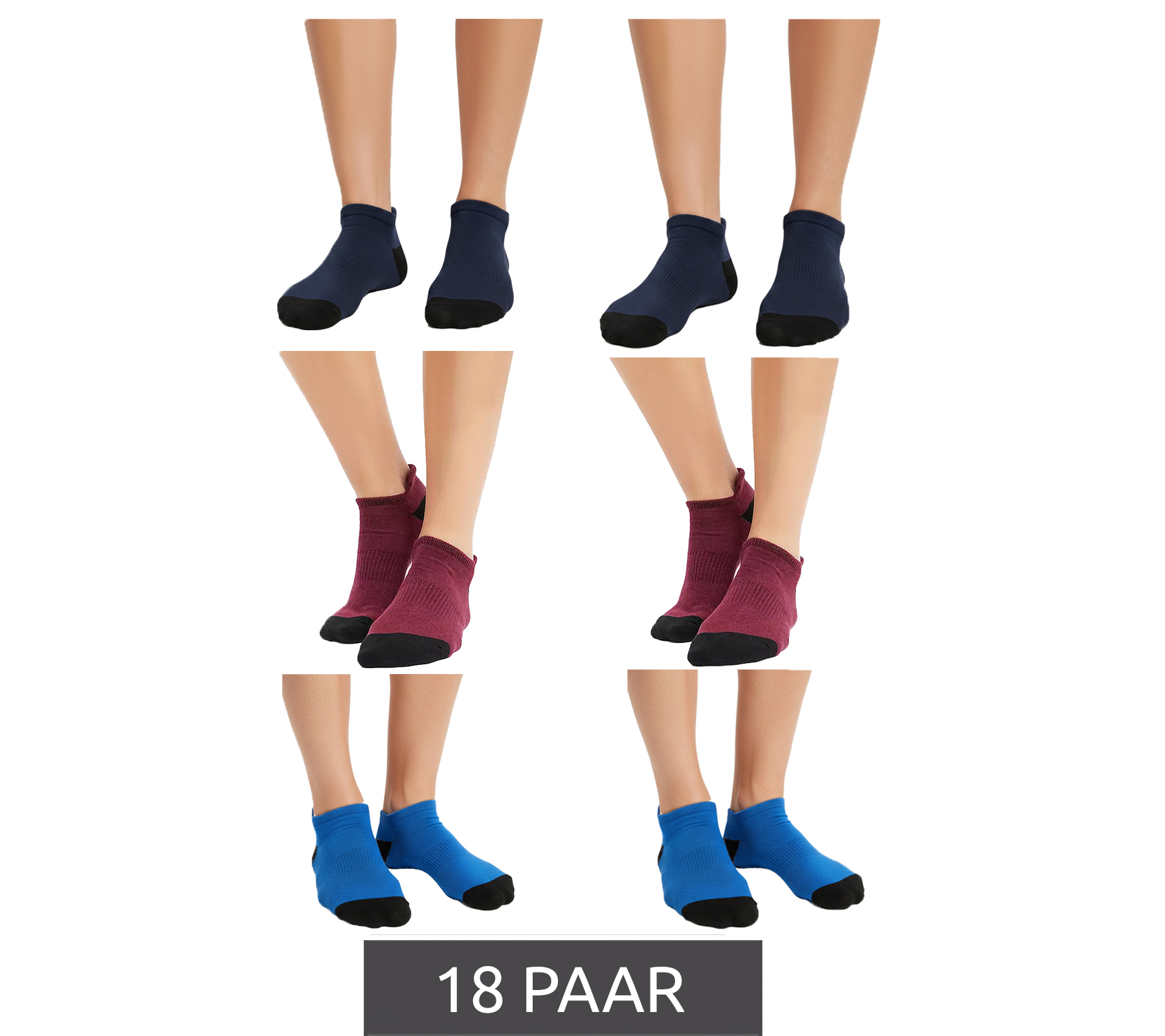 18 Paar Unisex Sport-Socken mit weichem Innenfrottee in der Sohle Baumwoll-Socken Strick-Socken 979459 Blau/Dunkelblau/Rot