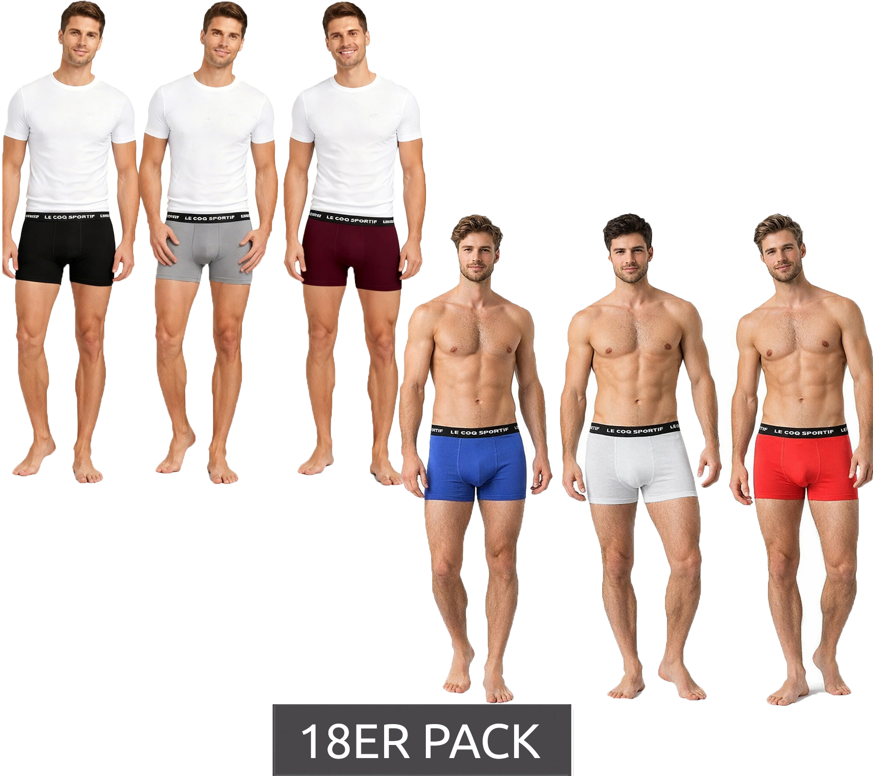 18er Sparpack Le Coq Sportif Basic Boxer Herren Boxer-Shorts Baumwoll-Unterhose Unterwäsche Grau/Bordeaux/Schwarz oder Rot/Hell-Grau/Blau