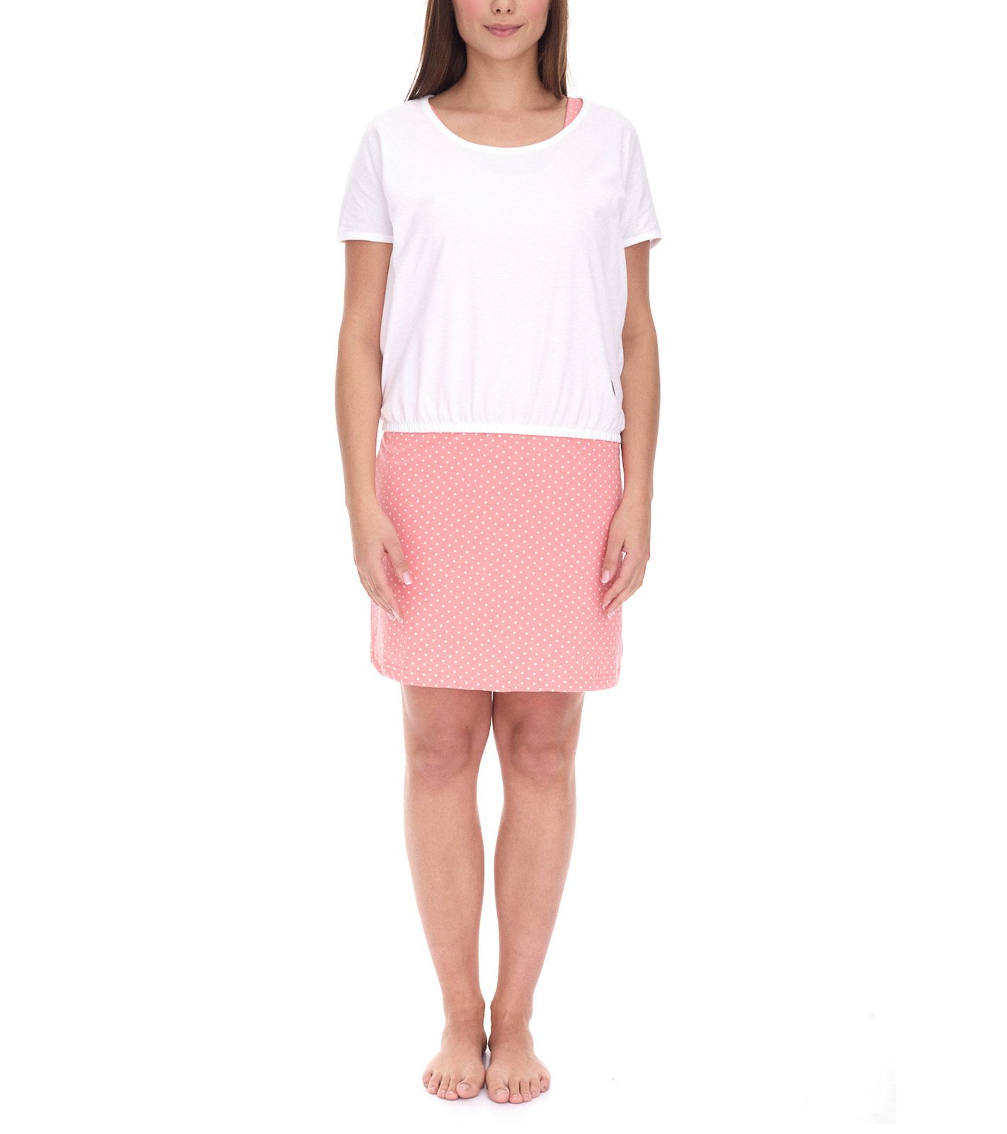 2 in 1 ALIFE AND KICKIN Damen Sommer-Kleid und Kurzarm-Shirt Mini-Kleid gepunktetes Baumwoll-Kleid T-Shirt 66118659 Rosa/Weiß