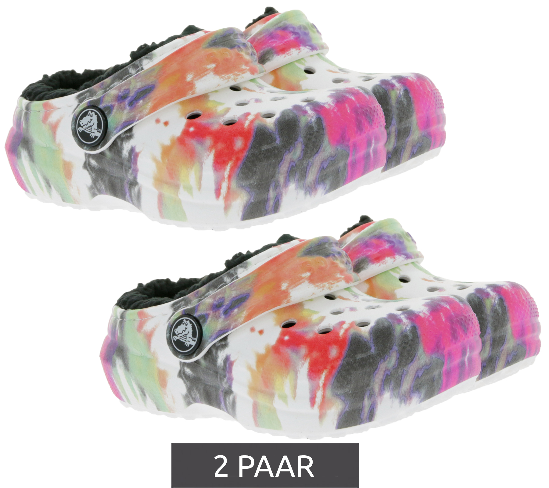 2 Paar crocs Classic Lined Tie-Dye Kinder Haus-Schuhe gefütterte Clogs mit Dual-Crocs-Comfort 206683-0C4 Bunt