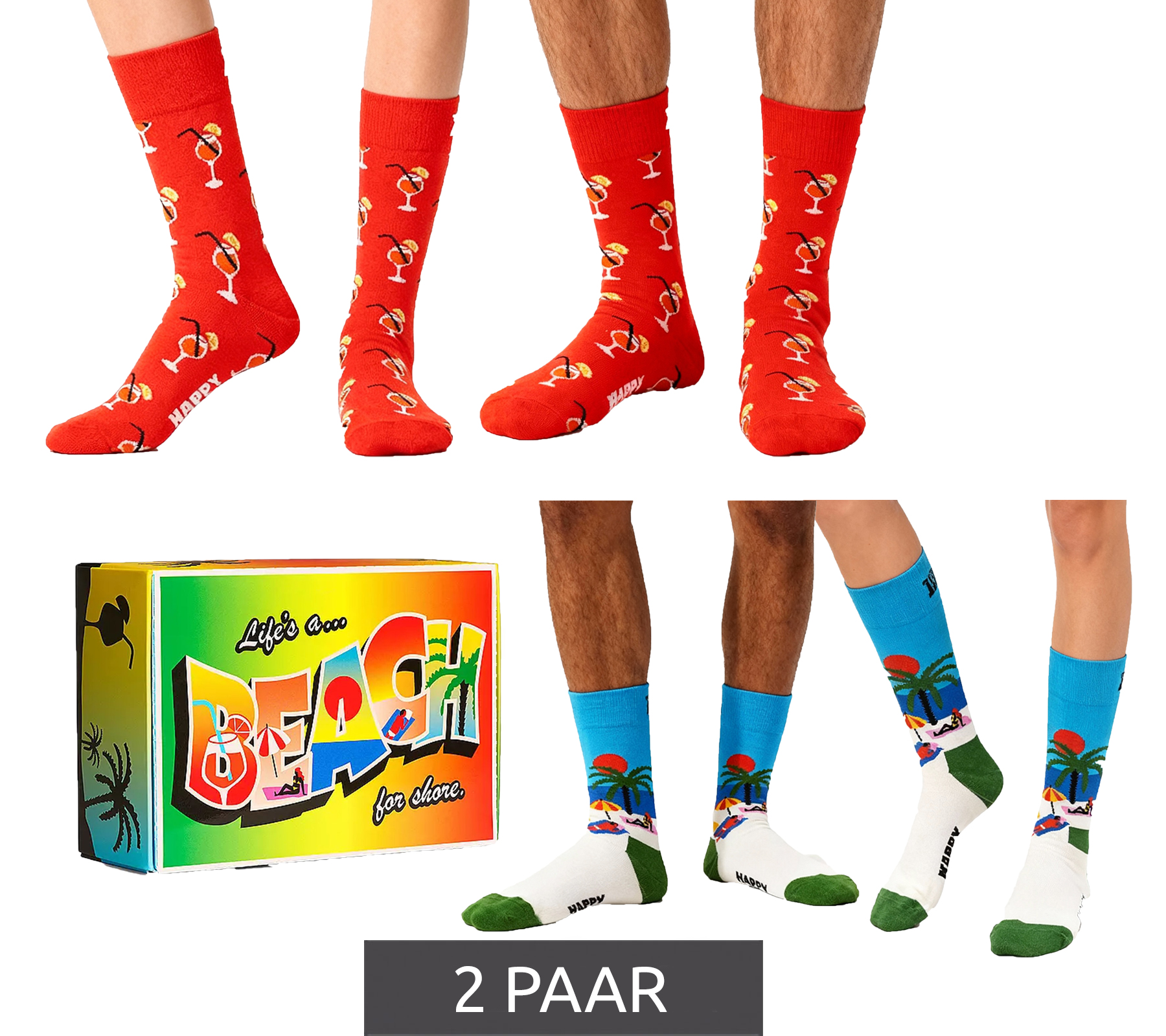 2 Paar Happy Socks Beach Life Unisex Socken in Geschenkbox mit Allover Strand und Cocktail-Print Baumwoll-Socken Alltags-Strümpfe P002651 Rot/Blau/Bunt