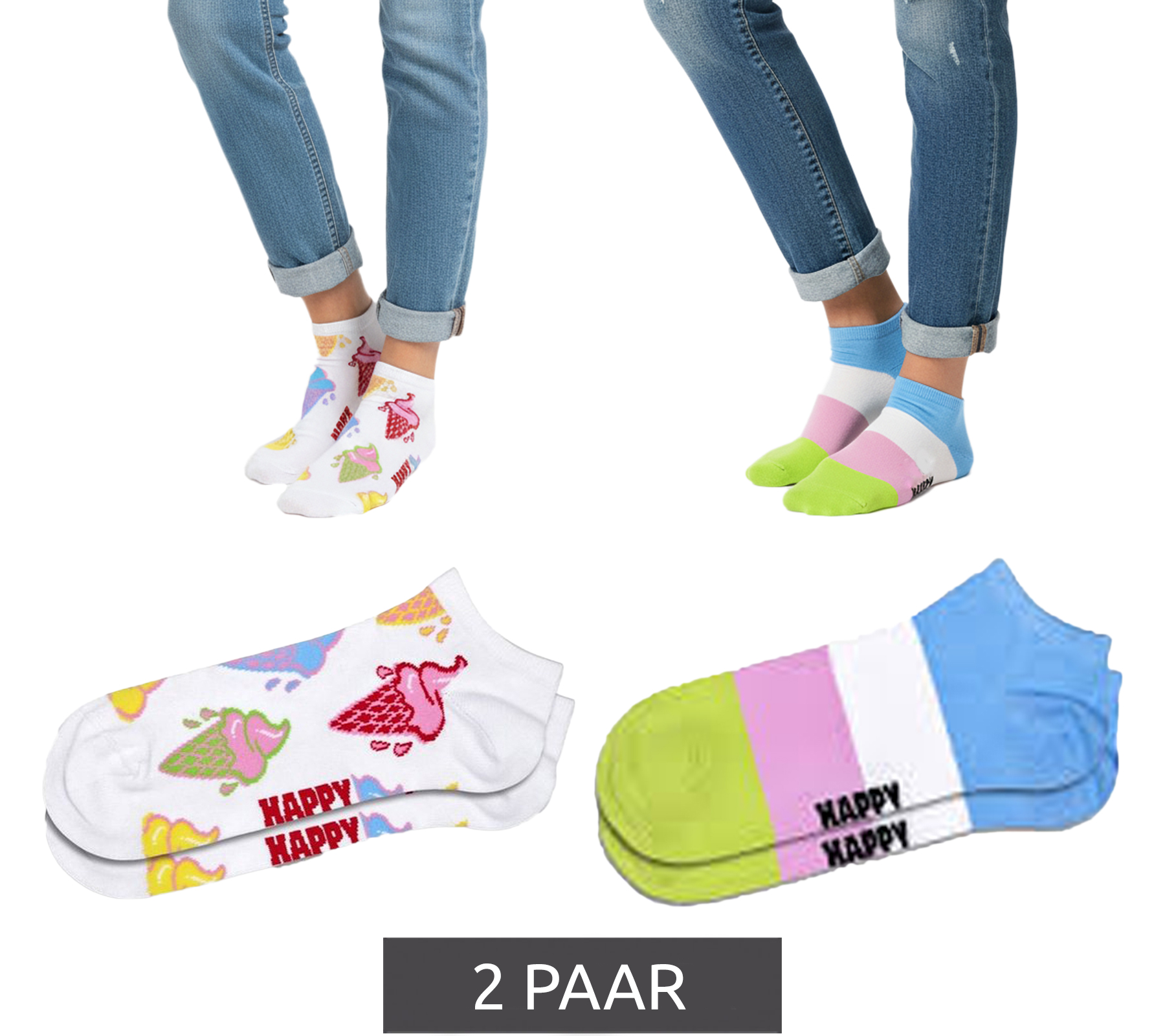 2 Paar Happy Socks Ice & Stripe Damen Sneaker-Socken mit Allover Eiscreme-Print und Streifen-Muster Low-Cut Socken Alltags-Strümpfe P000969 Weiß/Bunt