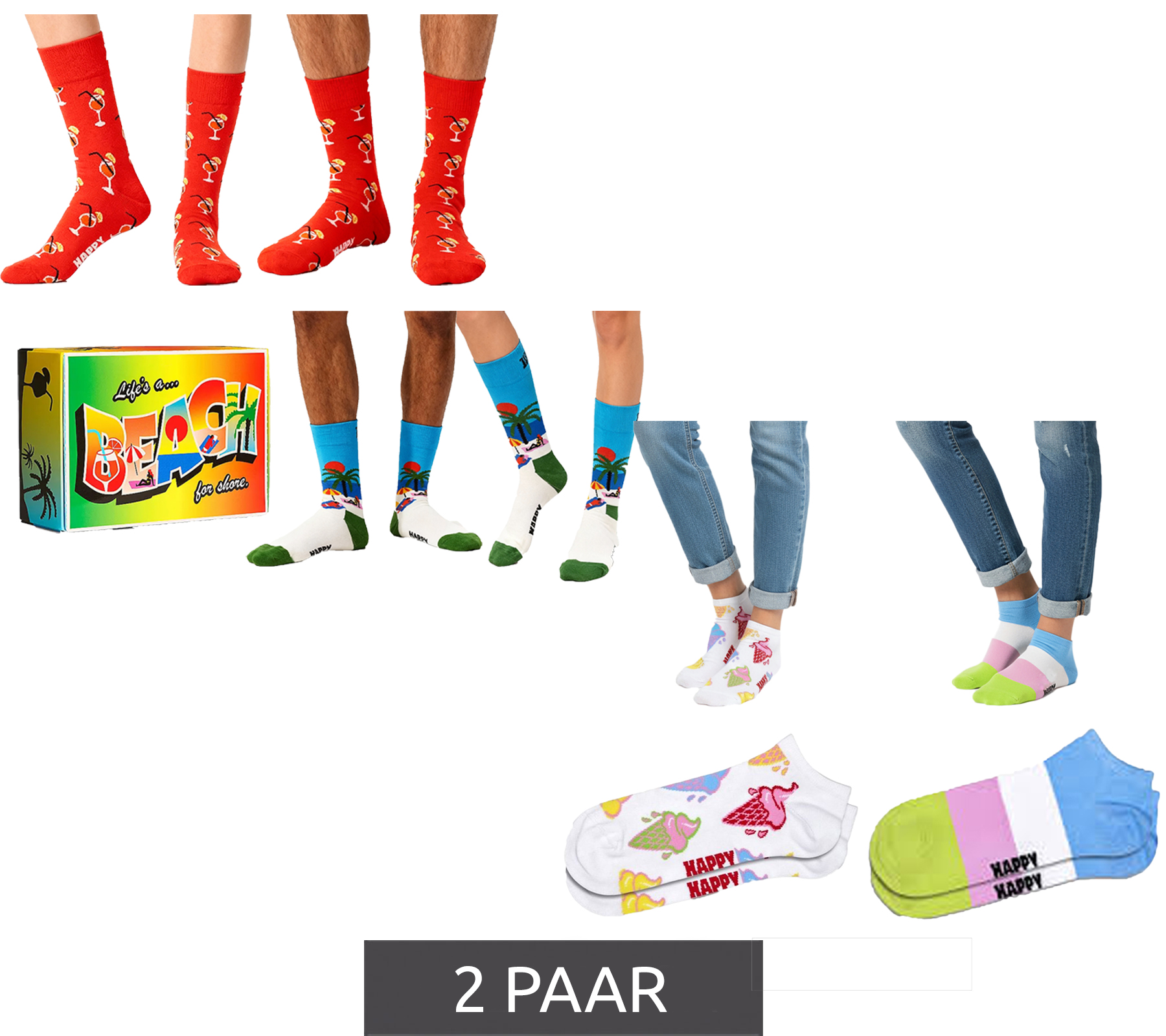2 Paar Happy Socks Unisex Socken in Geschenkbox mit Allover Print Baumwoll-Socken Alltags-Strümpfe Strand Rot/Blau/Bunt oder Eiscreme Weiß/Bunt