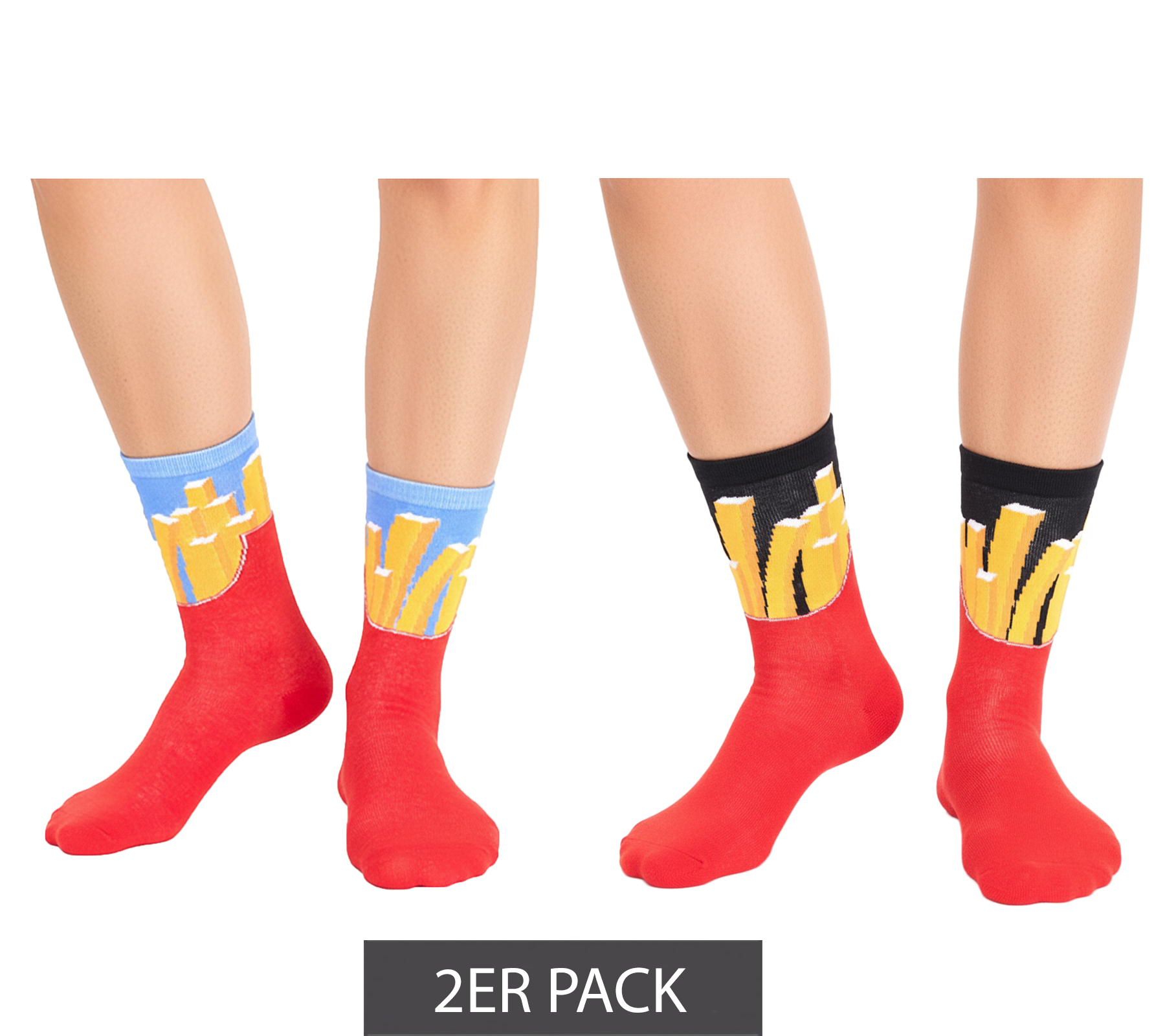 2 Paar TASTIQ Baumwoll-Socken mit Pommes-Print lange Strümpfe in stylischer Pommestüten-Geschenkbox TAS/1/CSX2/FRI Rot/Gelb/Schwarz/Hellblau