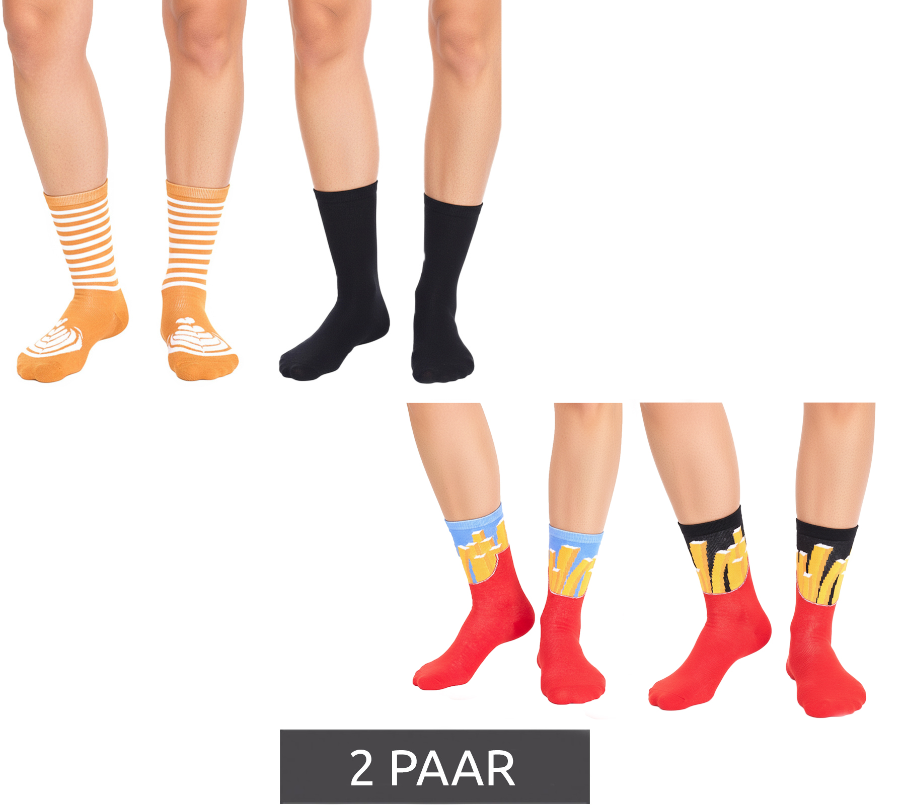 2 Paar TASTIQ Baumwoll-Socken mit Print lange Strümpfe in Geschenkbox TAS/1/CSX2 mit Pommesdruck oder mit Latte Macchiato Print