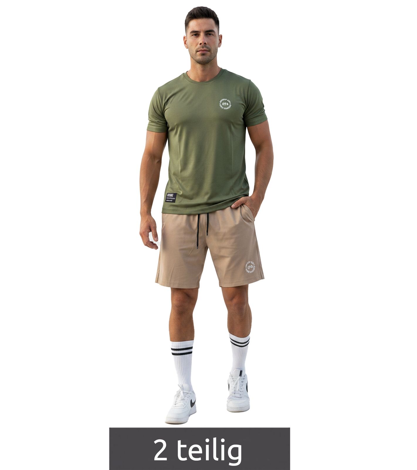 2-teiliges ON THAT ASS Bolt Herren Sport-Set Performance Set Gym Outfit mit T-Shirt & Shorts Grün/Beige