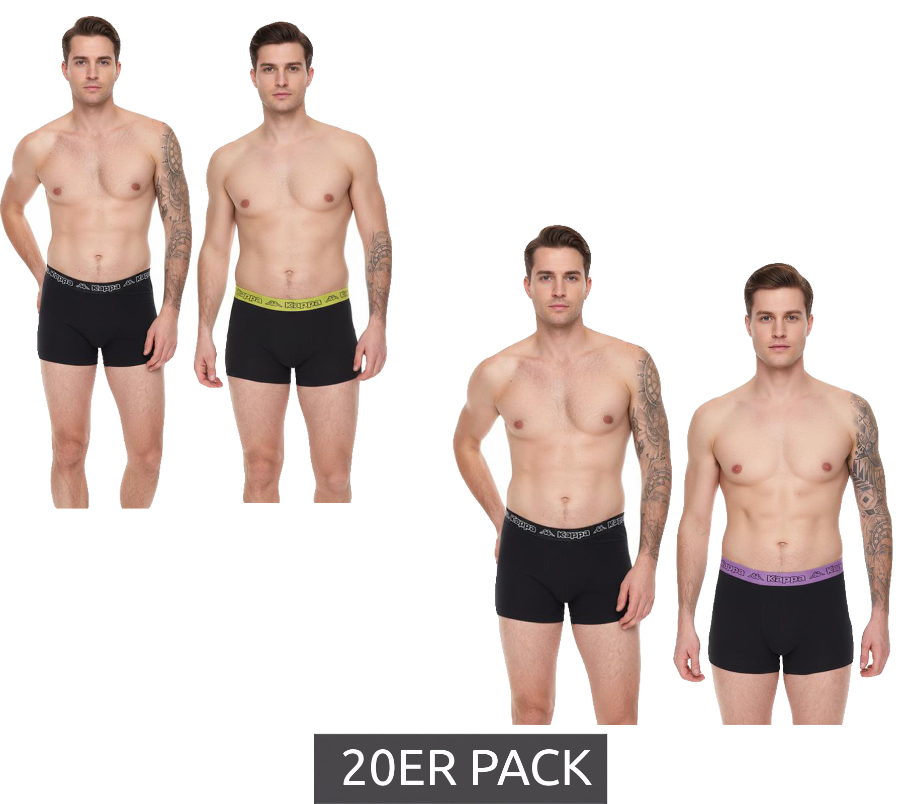 20er Pack Kappa Herren Boxershorts mit Marken Schriftzug und Logo Unterhose 351K1JW Schwarz/Lime oder Schwarz/Violett