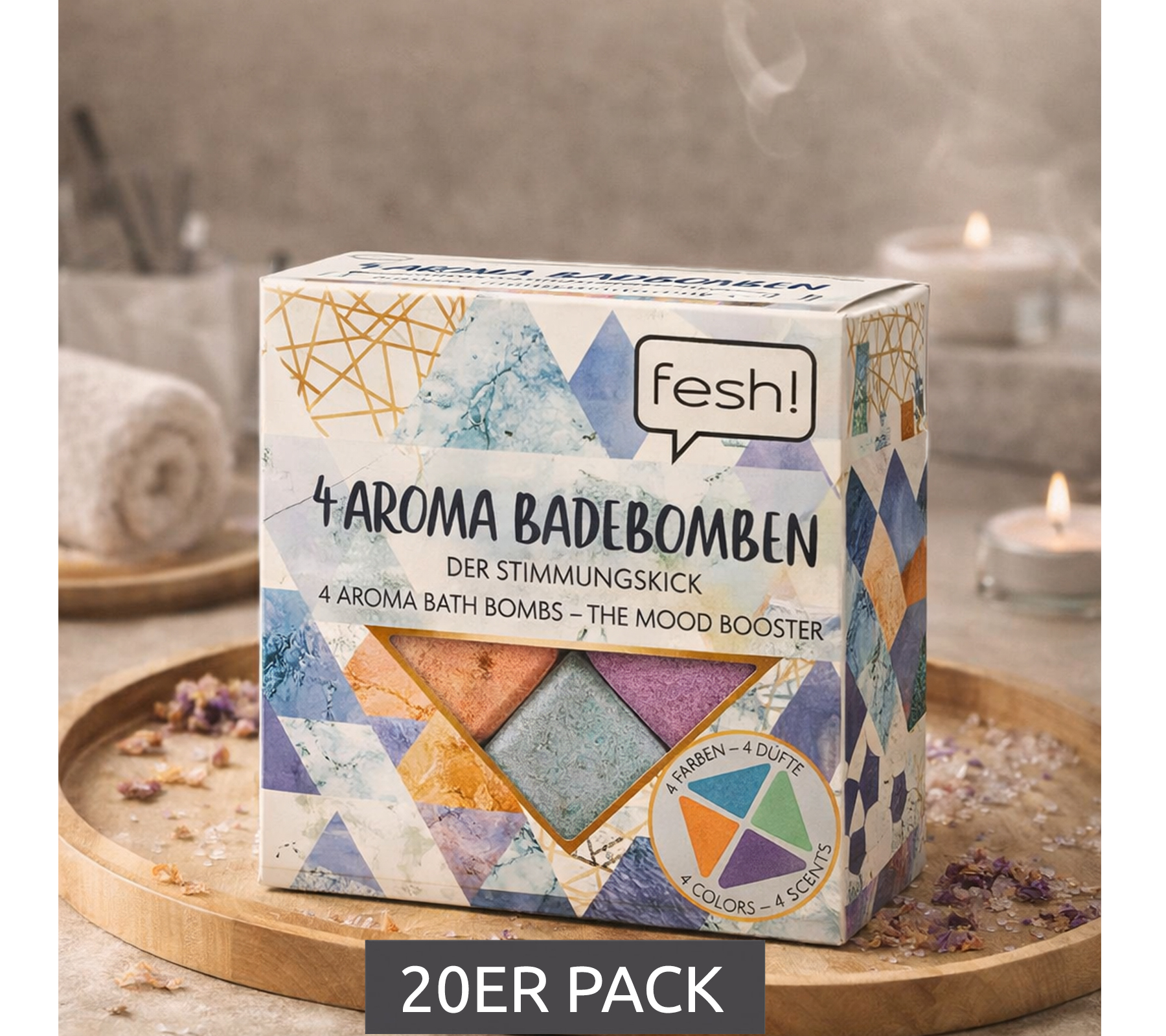 20er Sparpack fesh! Aroma Badebomben in vier verschiedene Farben und Duftrichtungen nachhaltiges Bade-Zubehör 20x40gr Wellness Blau/Lila/Orange/Gelb