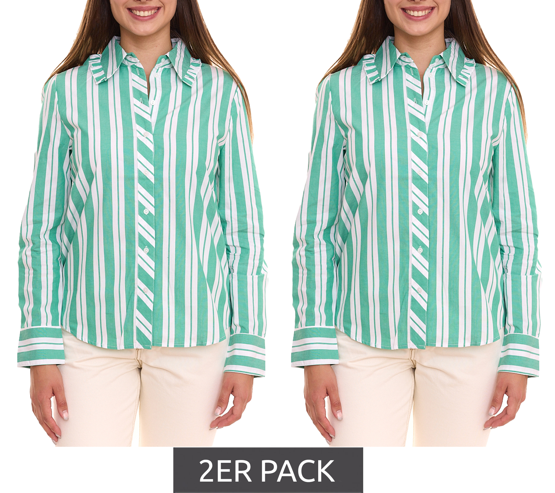 2er Pack AjC Damen Bluse gestreiftes Langarm-Shirt Baumwolle mit kleinen Rüschen 36148235 Grün/Weiß