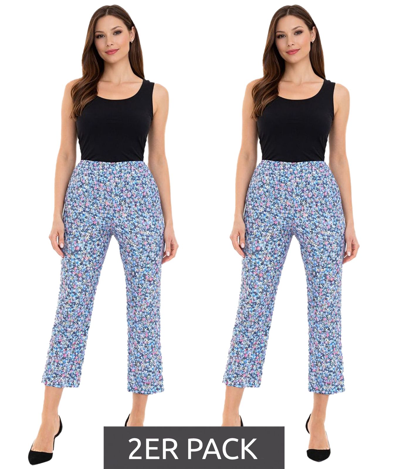 2er Pack Aniston CASUAL Damen 7/8-Hose lässige Sommer-Hose mit Blümchen-Muster Sparpack 17521410 Blau