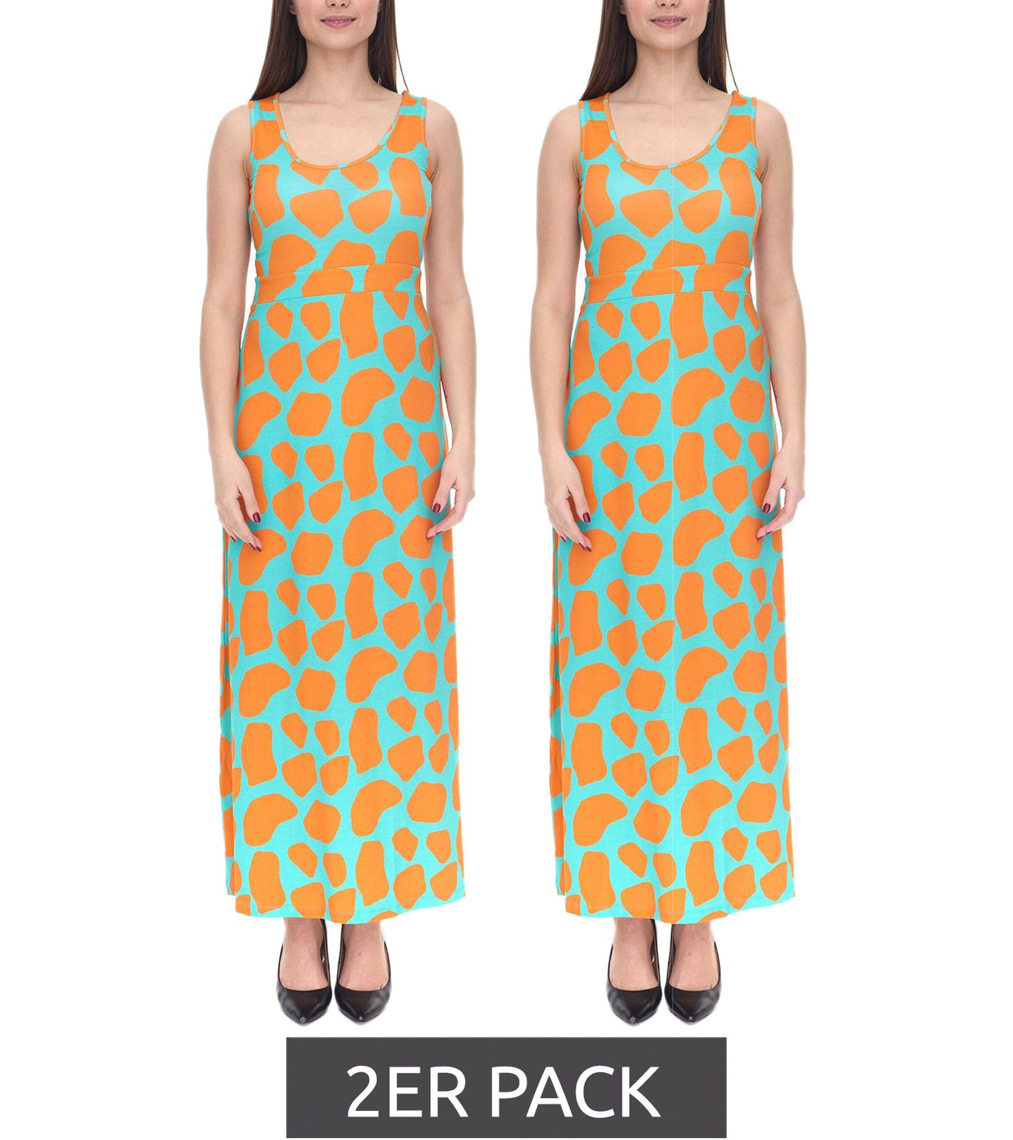 2er Pack Aniston CASUAL Damen Jersey-Kleid mit farbenfrohen Druck Maxi-Kleid Türkis/Orange