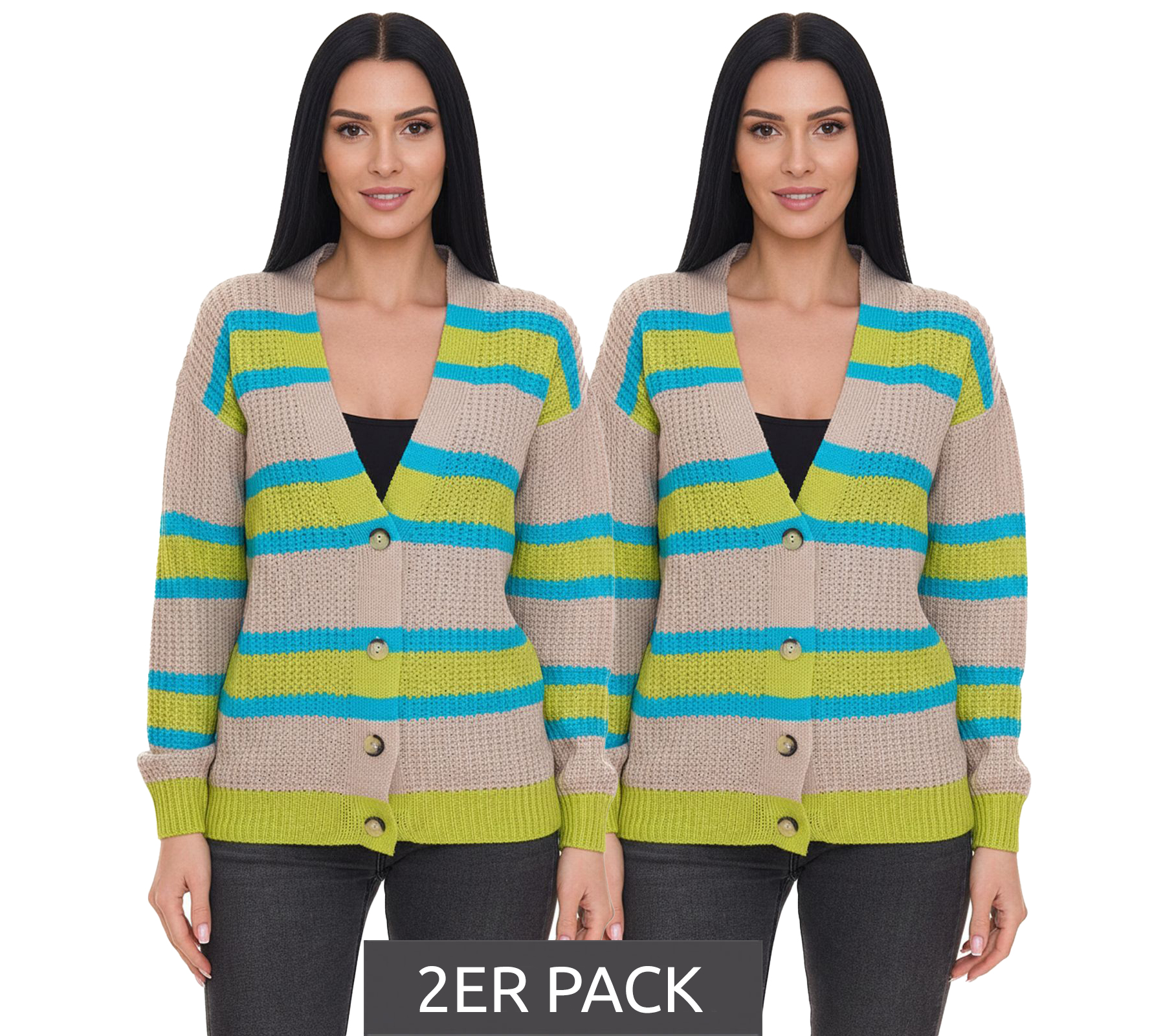 2er Pack Aniston CASUAL Damen Strick-Jacke Cardigan mit Knopf-Verschluss 85595338 Beige/Blau/Grün