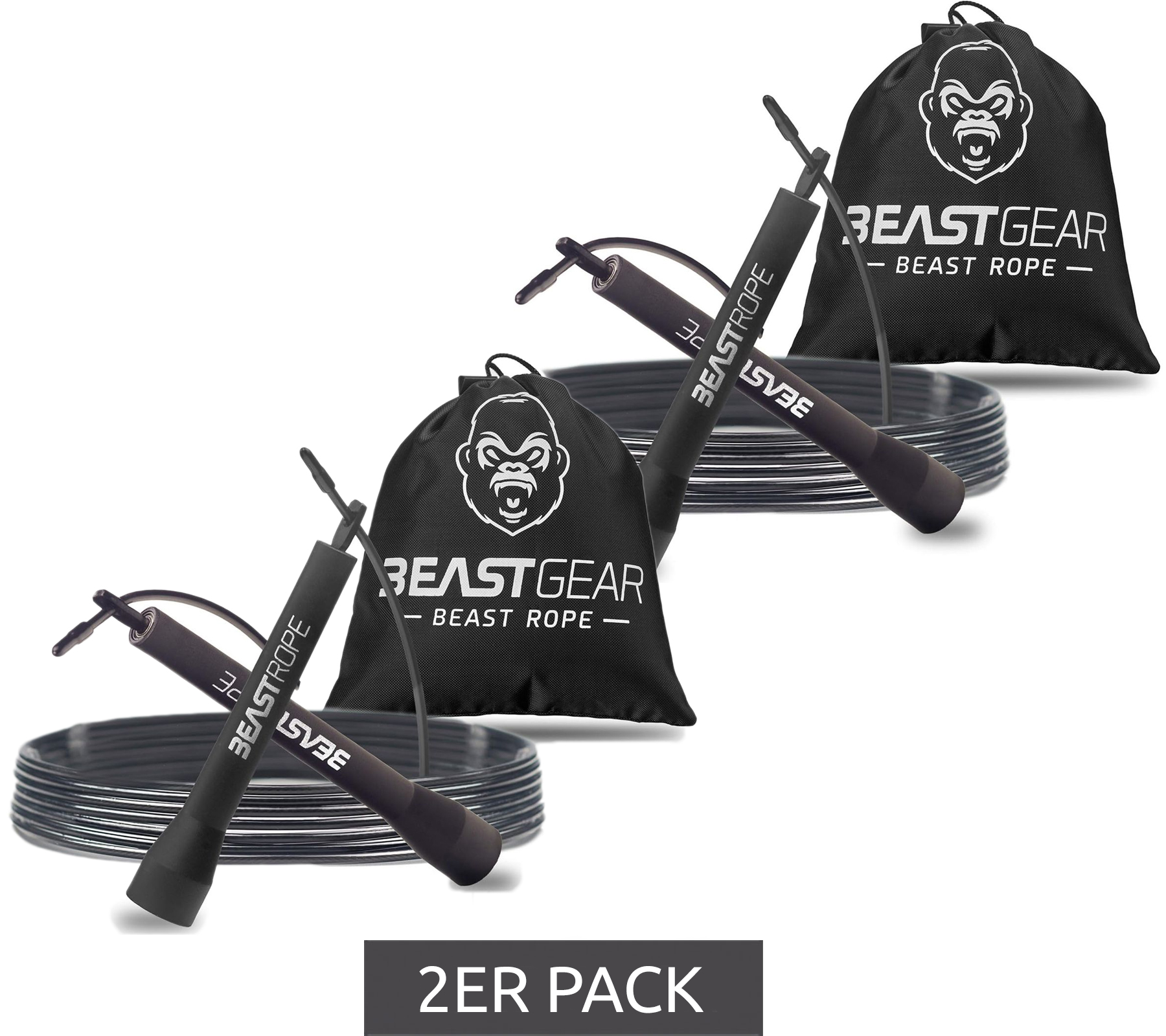 2er Pack BEASTGEAR Springseil 2,8m Speed-Fitness-Springseil aus Stahl leicht und verstellbar Trainingsgerät Boxen MMA HIIT-Workout Schwarz