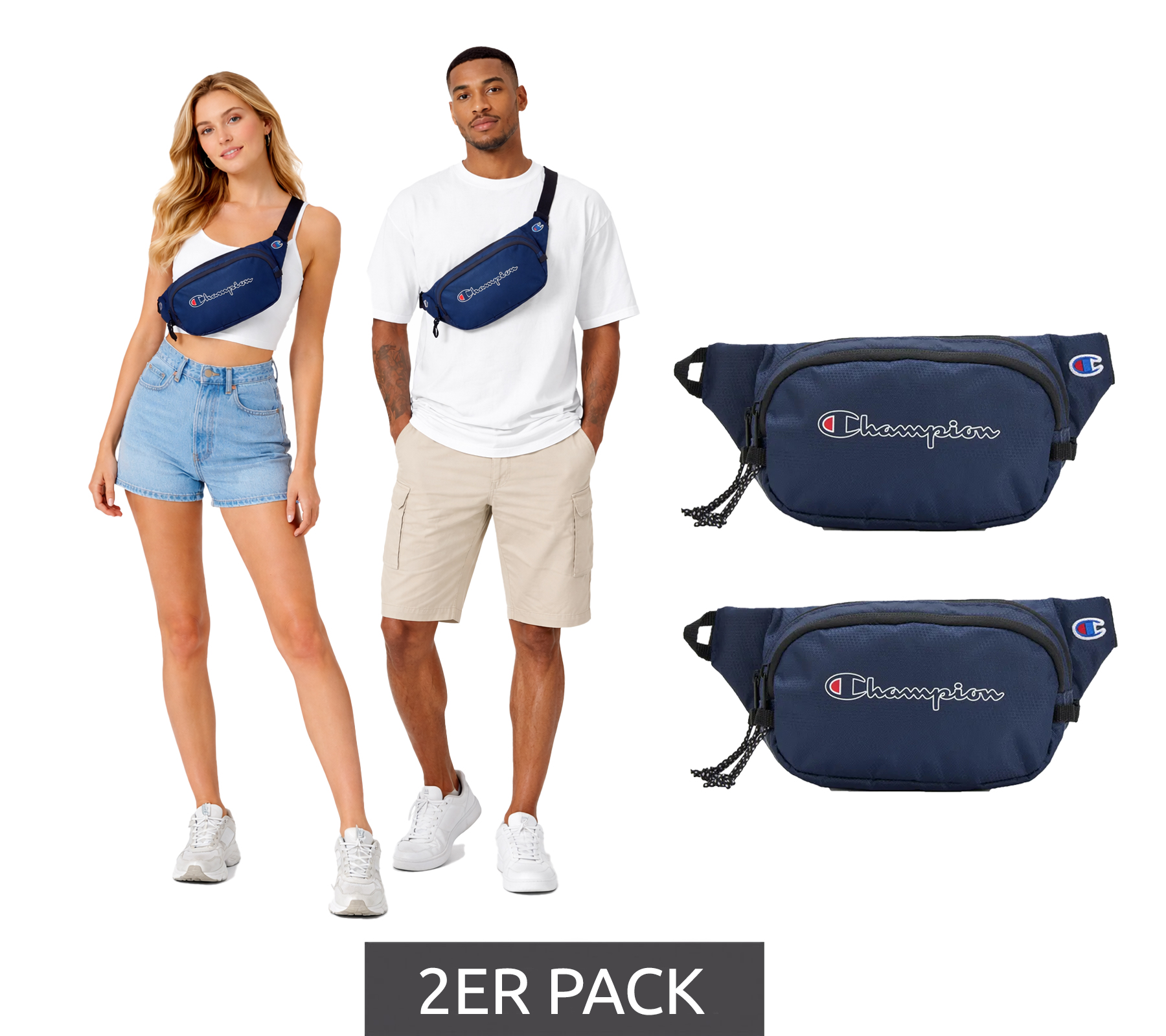 2er Pack Champion Center Bauch-Tasche Damen und Herren Touristen-Tasche Waistpack Gürtel-Tasche 1L CV2-1440-410 Dunkelblau