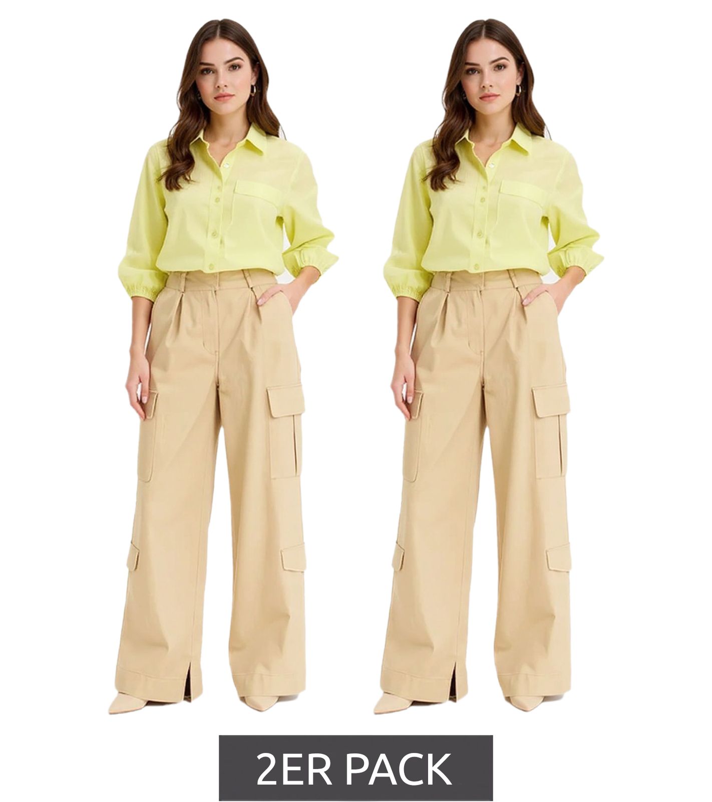 2er Pack Damen Cargo-Hose praktische Baumwolle Wide-Leg High-Waist Sommer-Hose 972109 Beige