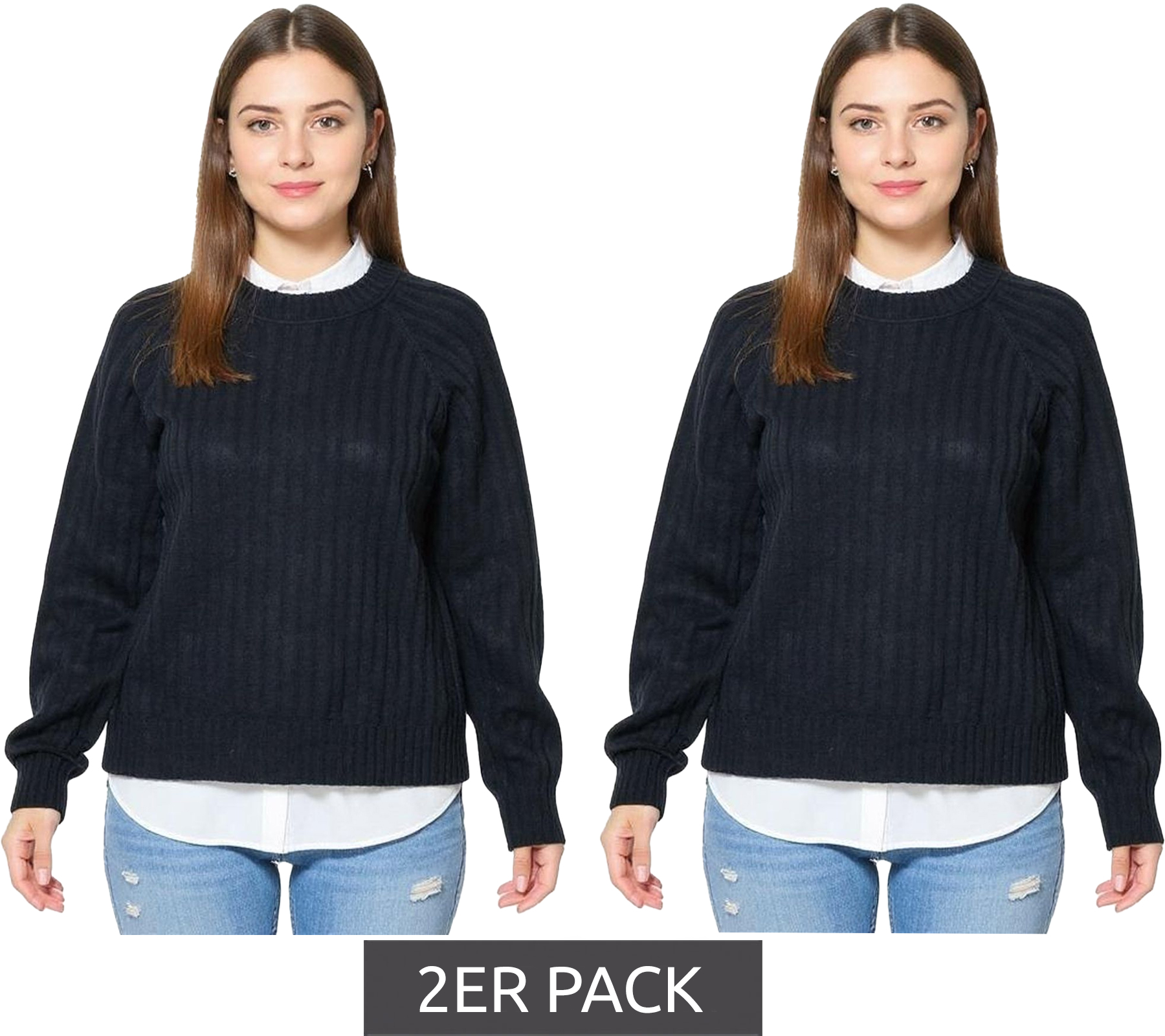 2er Pack Damen Strick-Pullover mit Rundhals-Ausschnitt Alltags-Pullover Sweater 957804 Schwarz