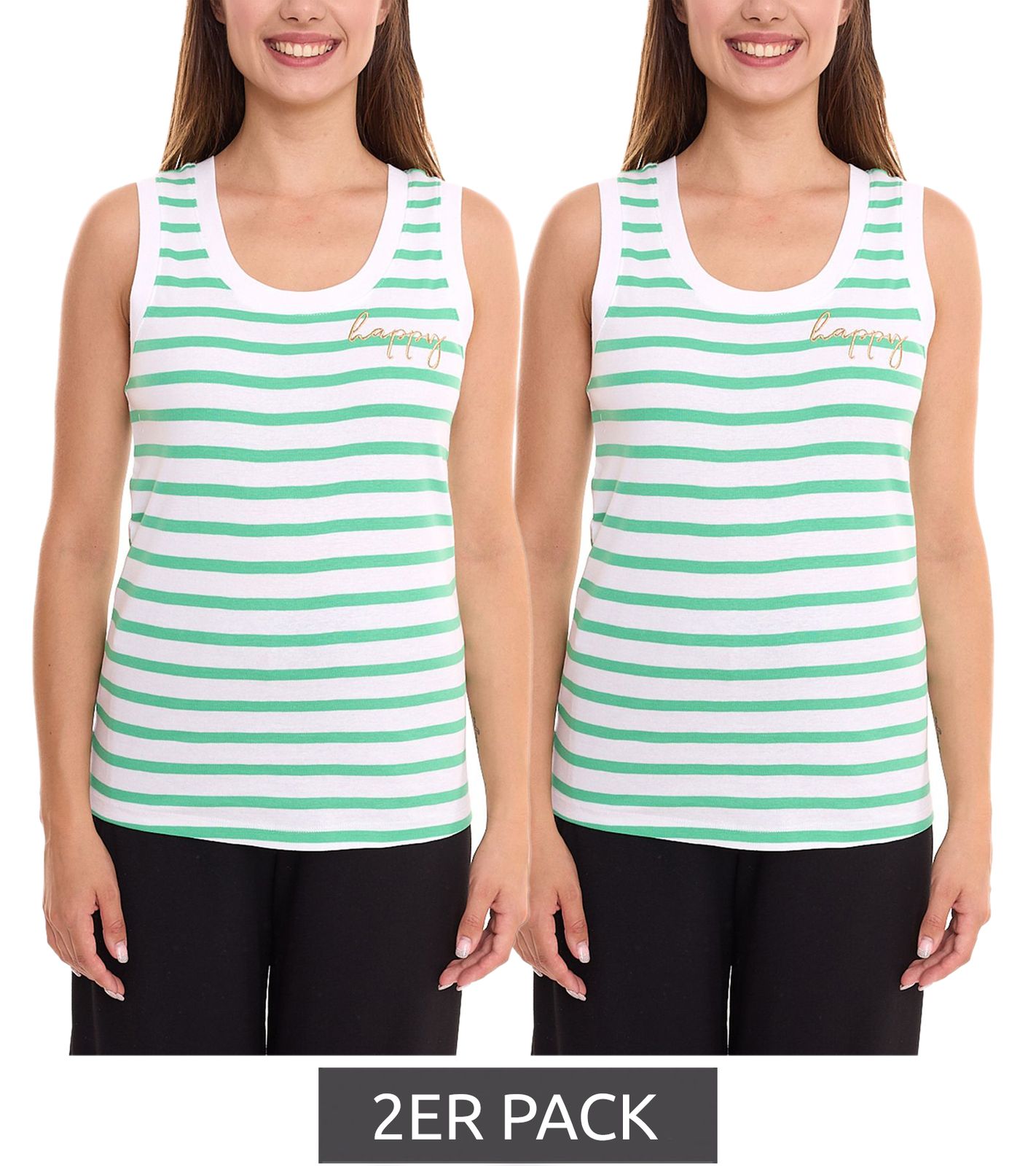 2er Pack DELAMO Striped Tanktop enganliegendes Damen Baumwoll-Shirt mit Stickerei im Sparpack 24025421 Grün/Weiß