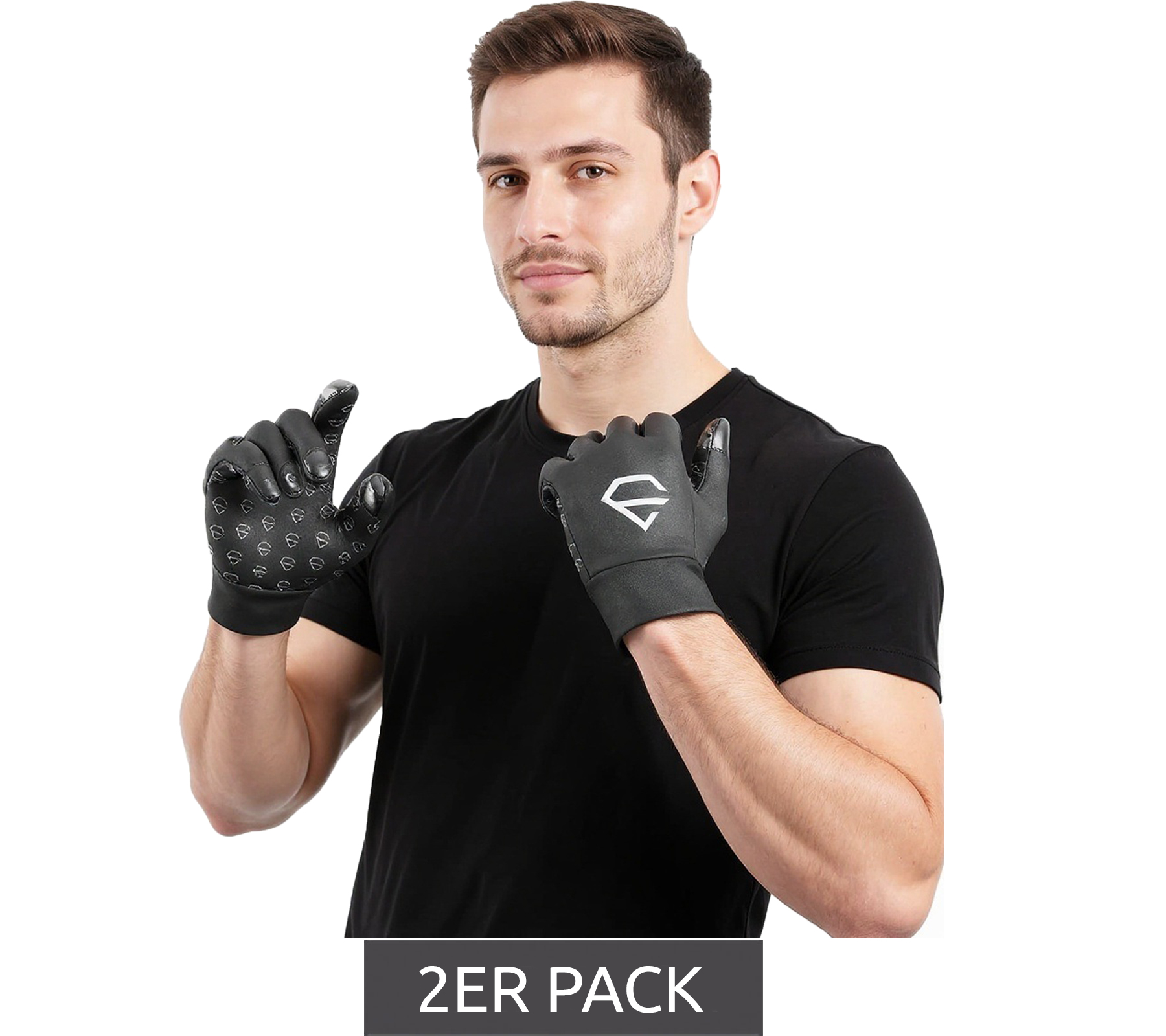 2er Pack EGREGIE Herren Fahrrad-Handschuhe mit Fleecefutter Lauf-Handschuhe mit Smartphone Handy Touchfunktion Sport-Handschuhe Schwarz