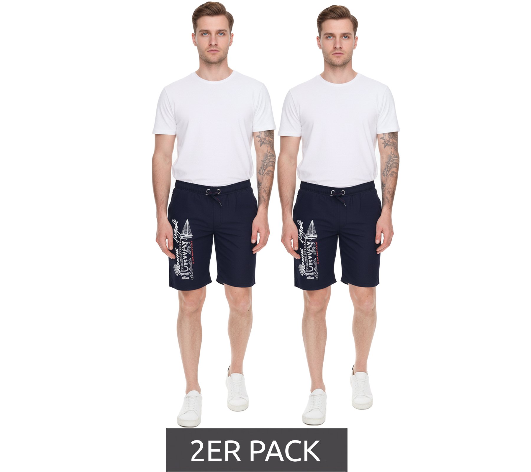 2er Pack GEOGRAPHICAL NORWAY Quara Herren Badehose Schwimm-Hose mit Logo-Print Bade-Shorts mit Taschen Schwimm-Shorts 001 Navy
