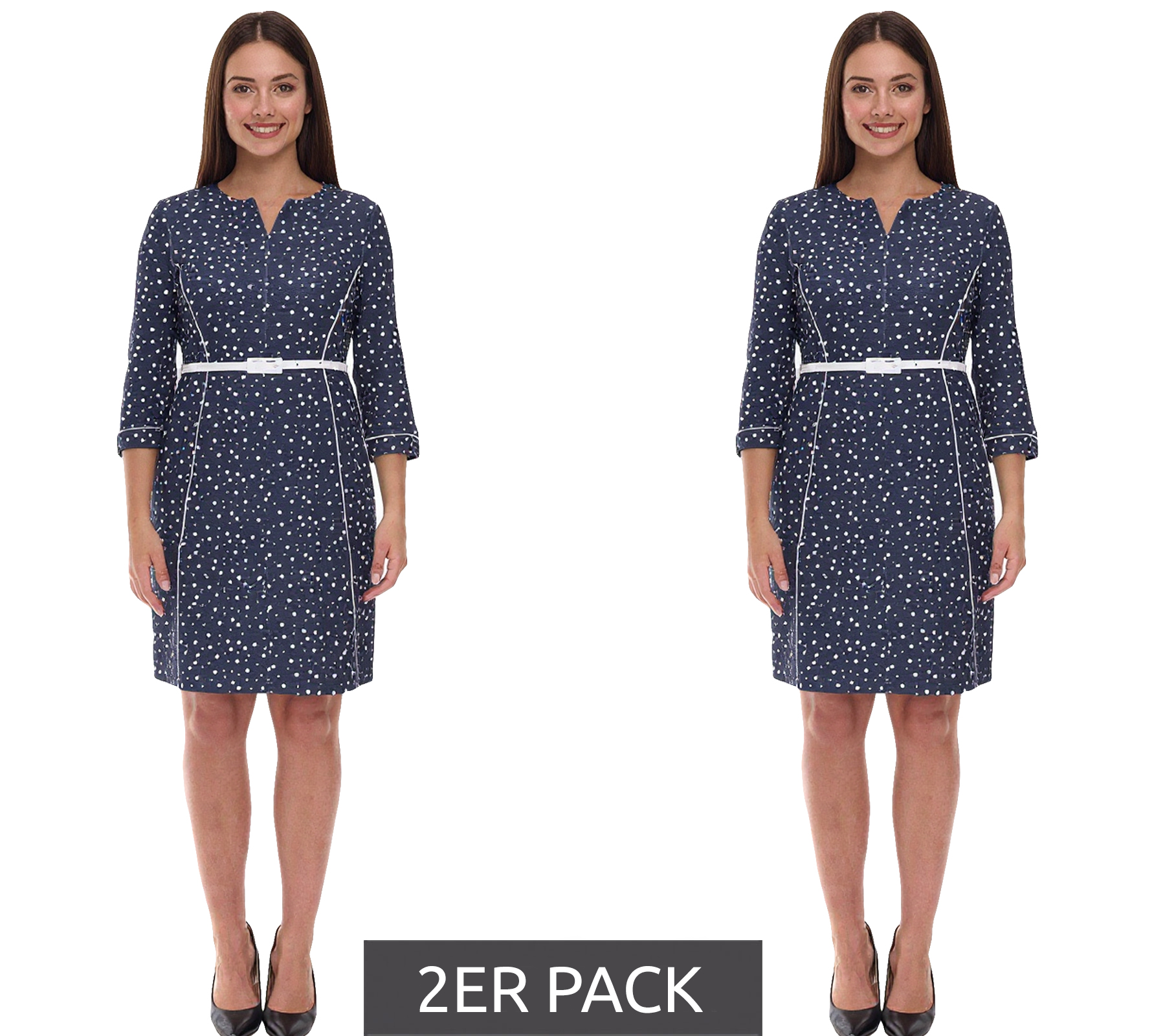 2er Pack gepunktetes Damen Kleid inklusive Gürtel Strand-Outfit Midi-Kleid 940590 Dunkelblau/Weiß