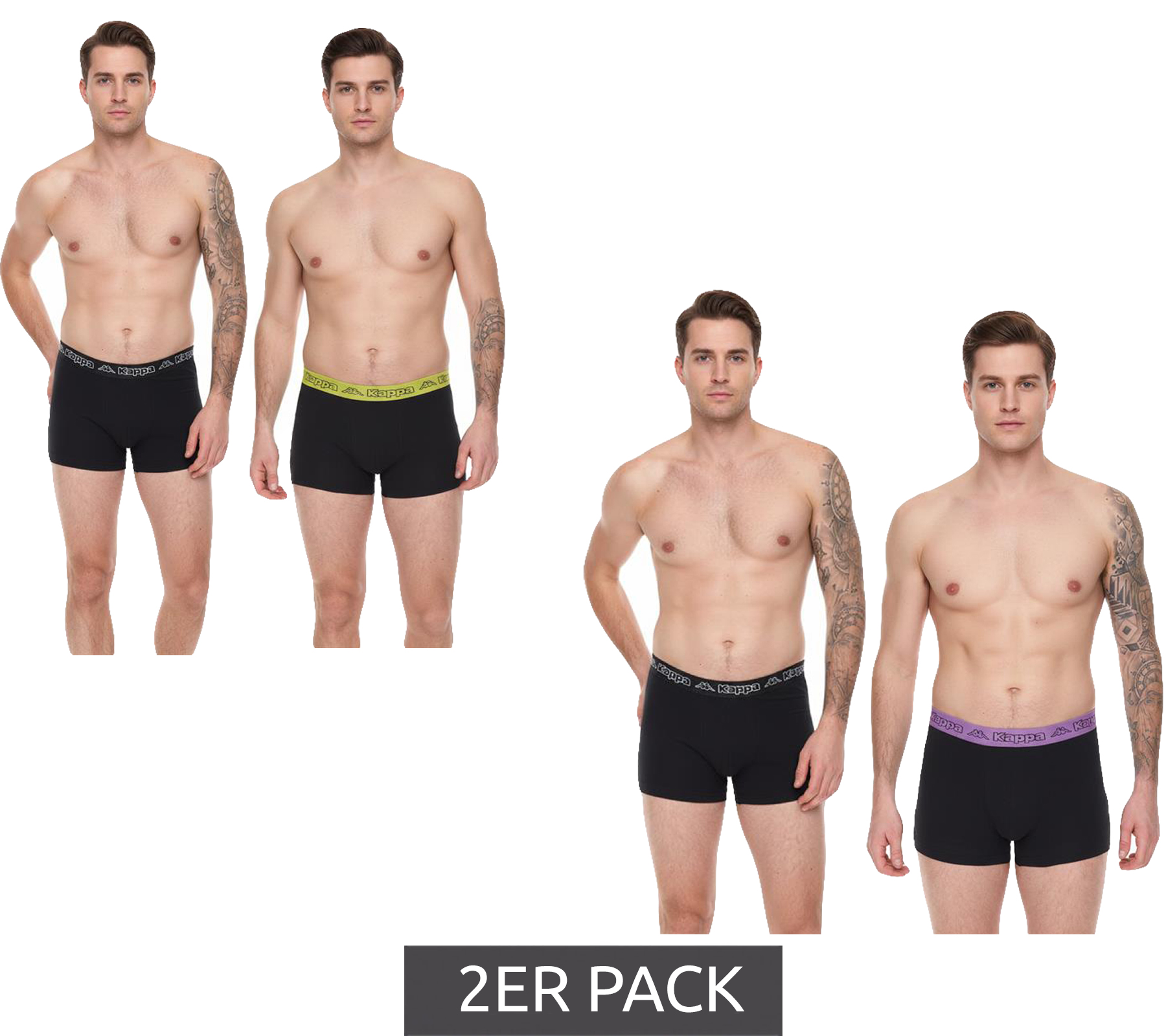 2er Pack Kappa Herren Boxershorts mit Marken Schriftzug und Logo Unterhose 351K1JW Schwarz/Lime oder Schwarz/Violett