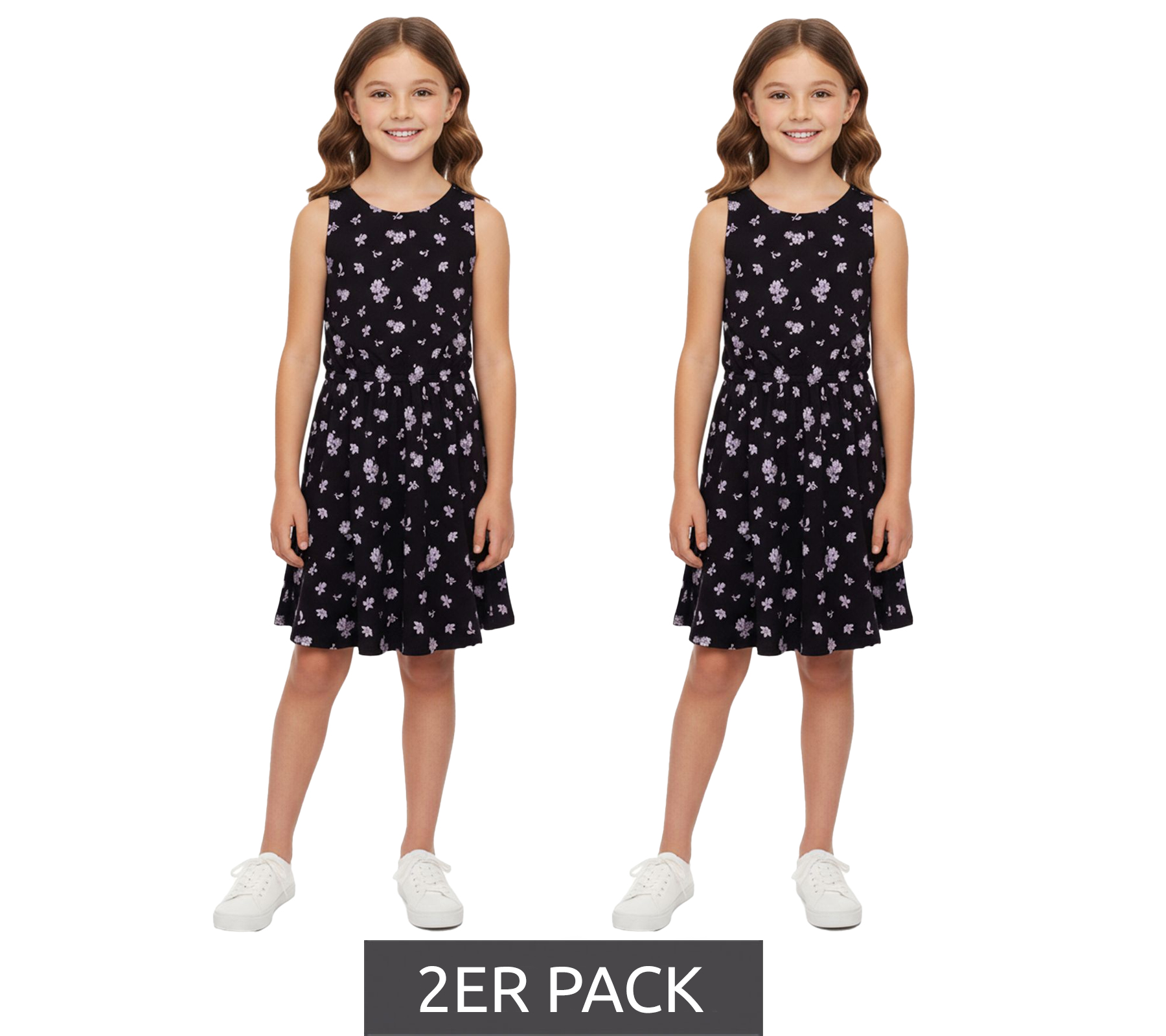 2er Pack KIDSWORLD Mädchen Sommer-Kleid mit Allover Blumen-Muster Freizeit-Kleid 74239509 Schwarz