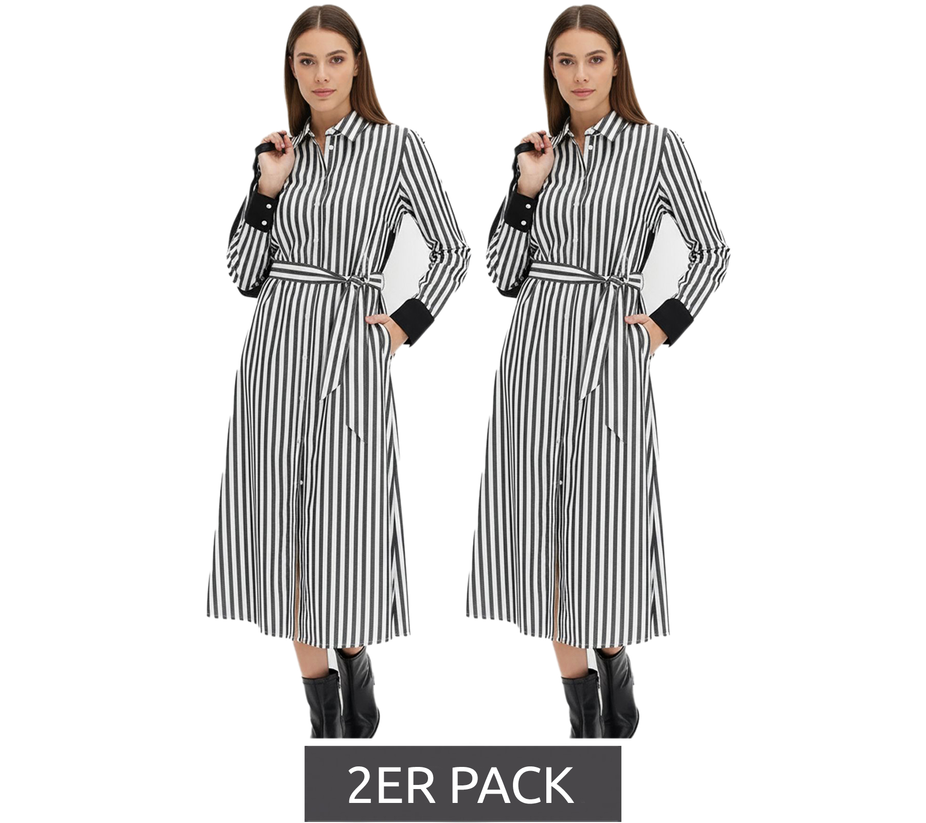 2er Pack klassisches Damen Midi-Kleid Hemdblusen-Kleid im Streifen-Design Baumwoll-Kleid 934129 Schwarz/Weiß