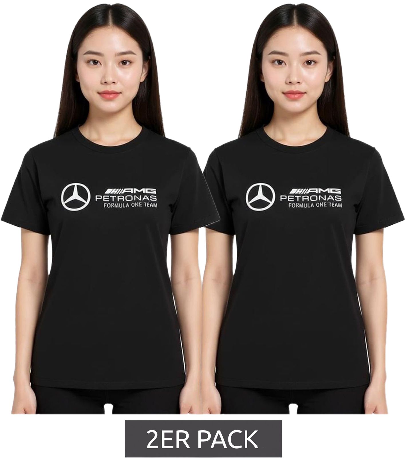 2er Pack Mercedes-Benz AMG Petronas F1 MAPF Damen T-Shirt Baumwoll-Shirt mit großem Logo Kurzarm-Shirt Sparpack 701227045 001 Schwarz