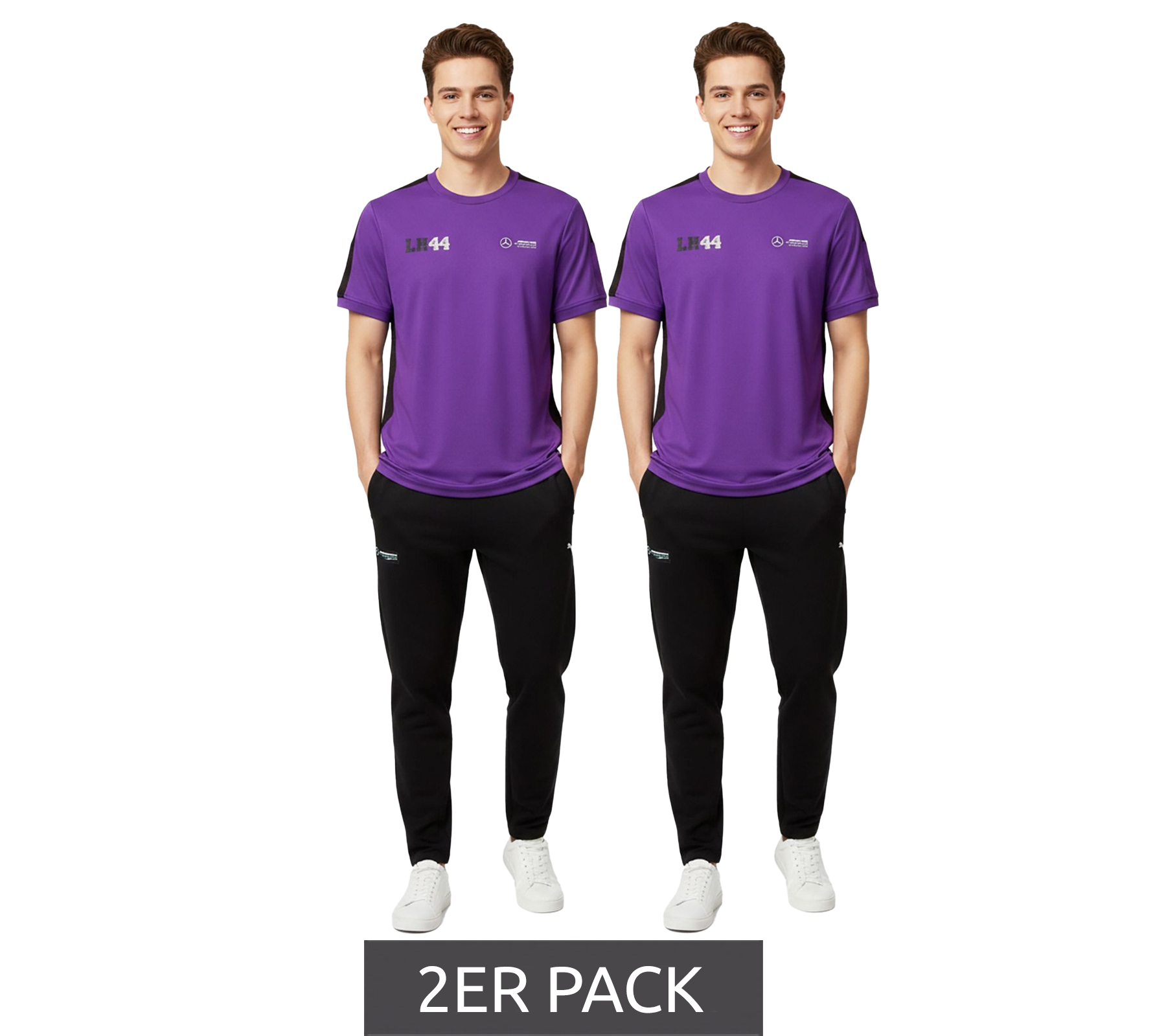 2er Pack Mercedes-Benz AMG Petronas F1 MAPF1 FW George Russell Herren Basic T-Shirt mit LH44-Print Alltags-Shirt 701222303 001 Lila