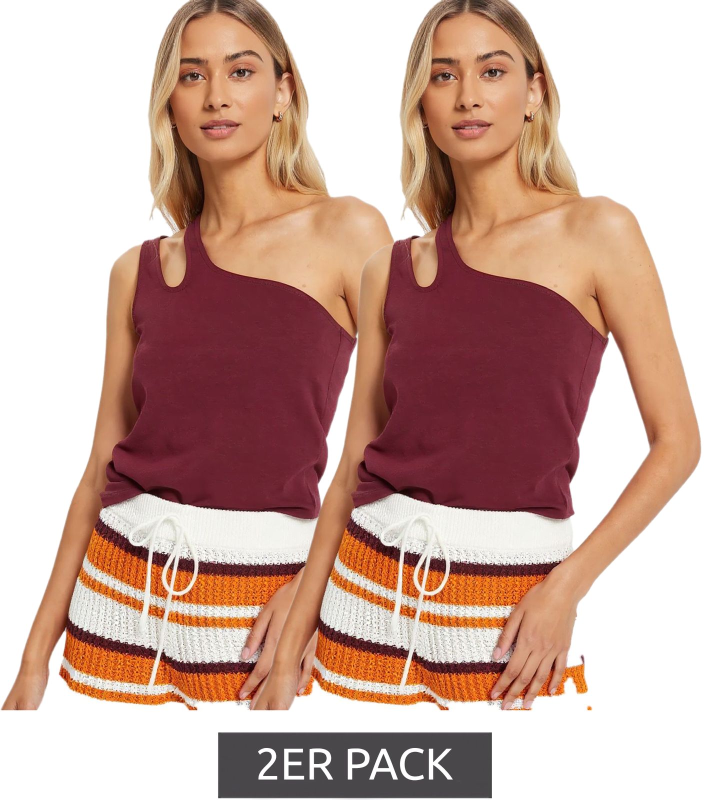 2er Pack nachhaltiges Damen Sommer-Top asymmetrisches Freizeit-Top Baumwoll-Shirt 979632 Weinrot