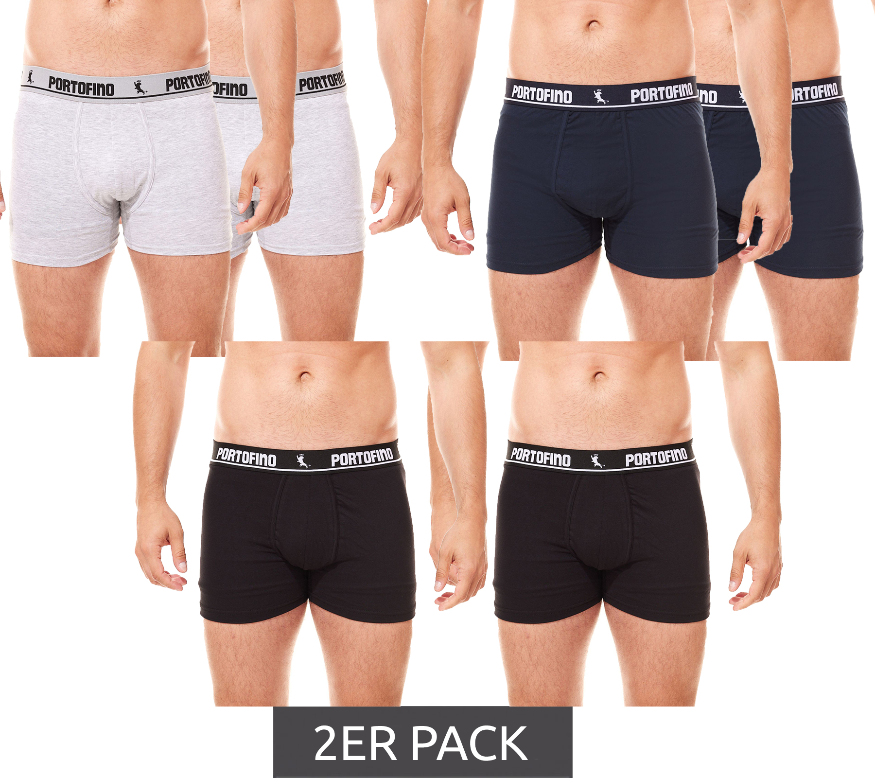 2er Pack PORTOFINO Herren Unterwäsche komfortable Boxershorts PF100-00 Schwarz, Grau oder Blau