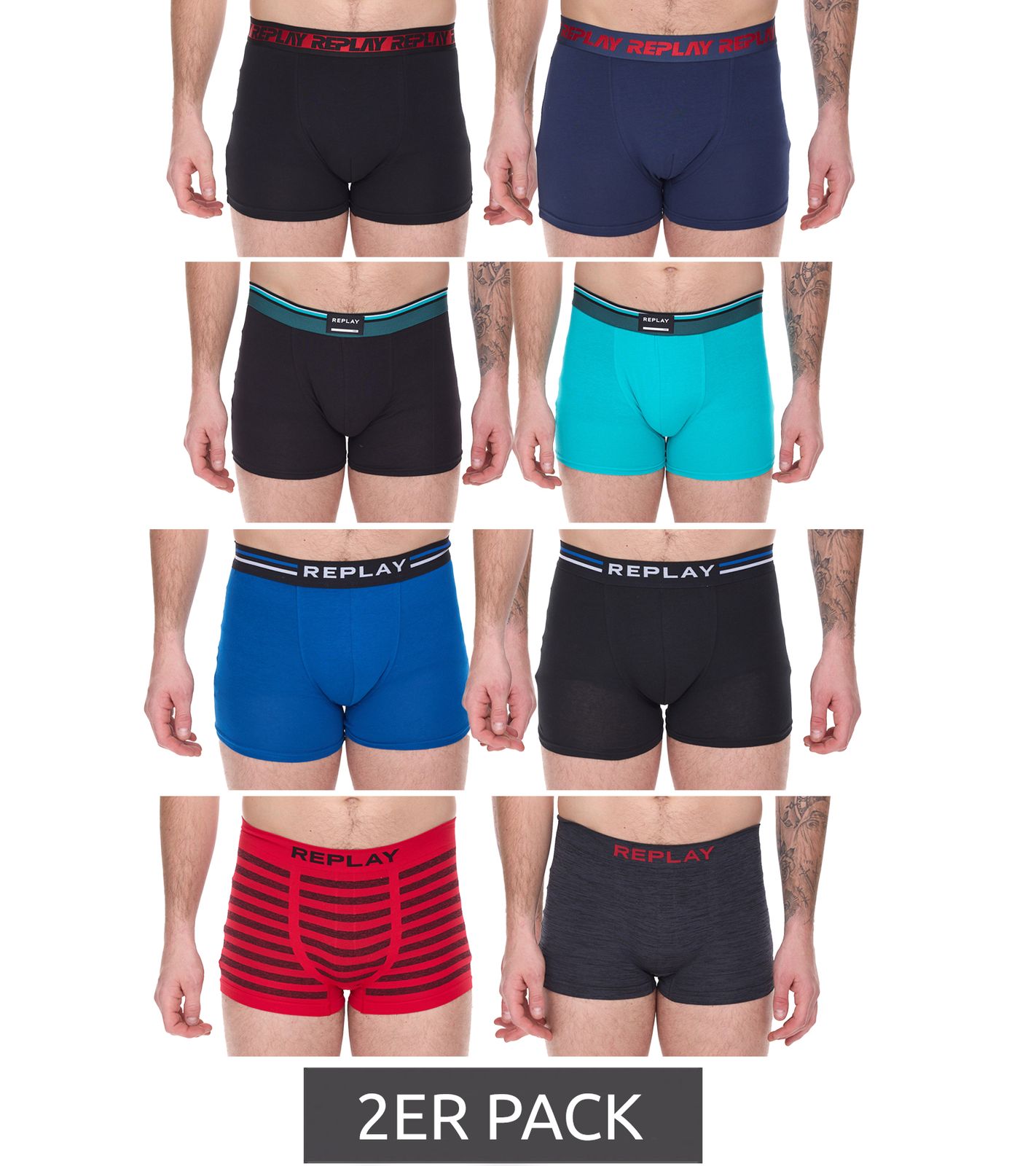 2er Pack REPLAY Herren Retro Boxershorts Baumwoll-Unterwäsche Blau, Schwarz, Dunkelblau oder Rot