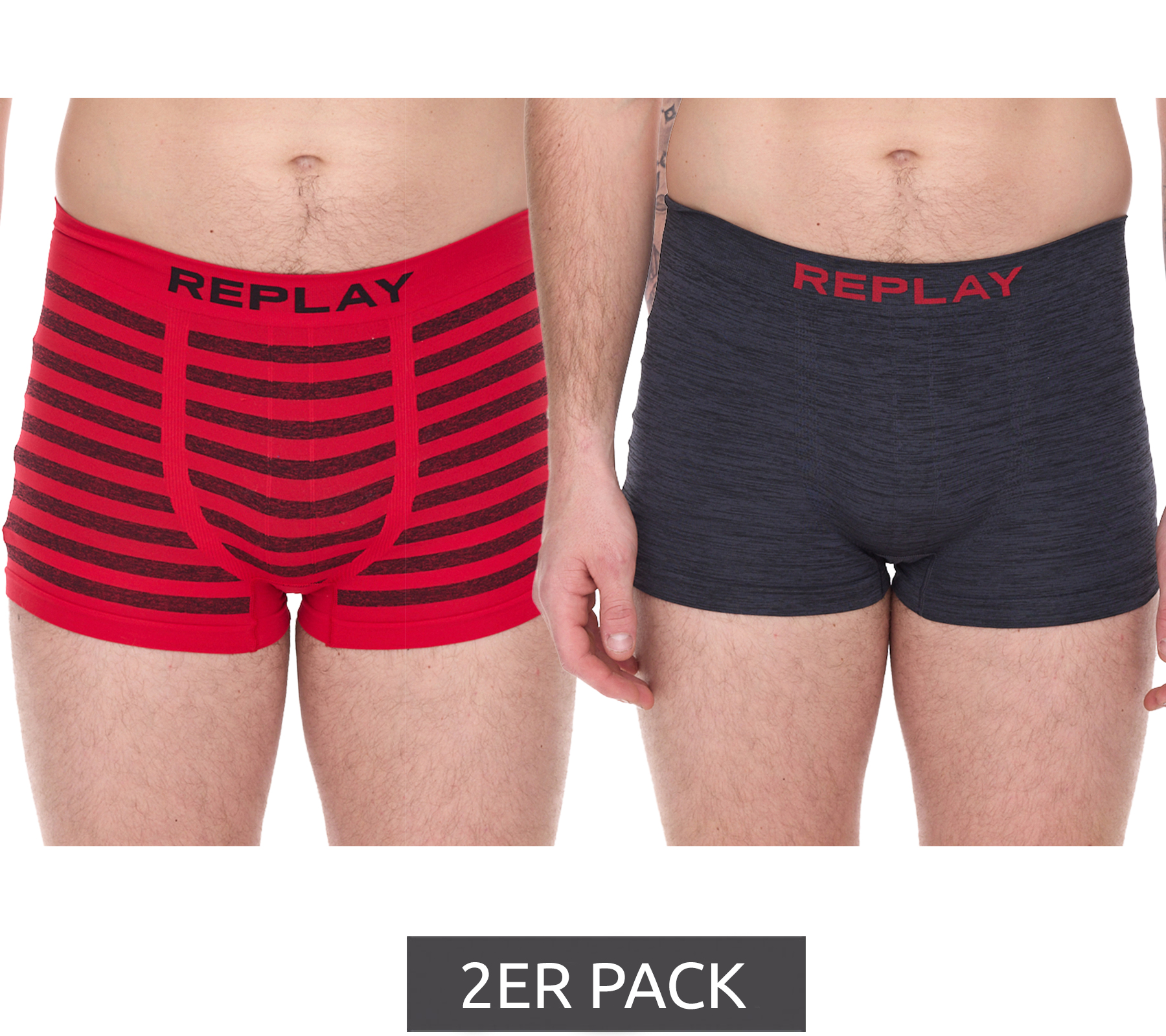 2er Pack REPLAY Herren Retro Boxershorts Enge-Unterwäsche I101113 N093 Grau/Rot