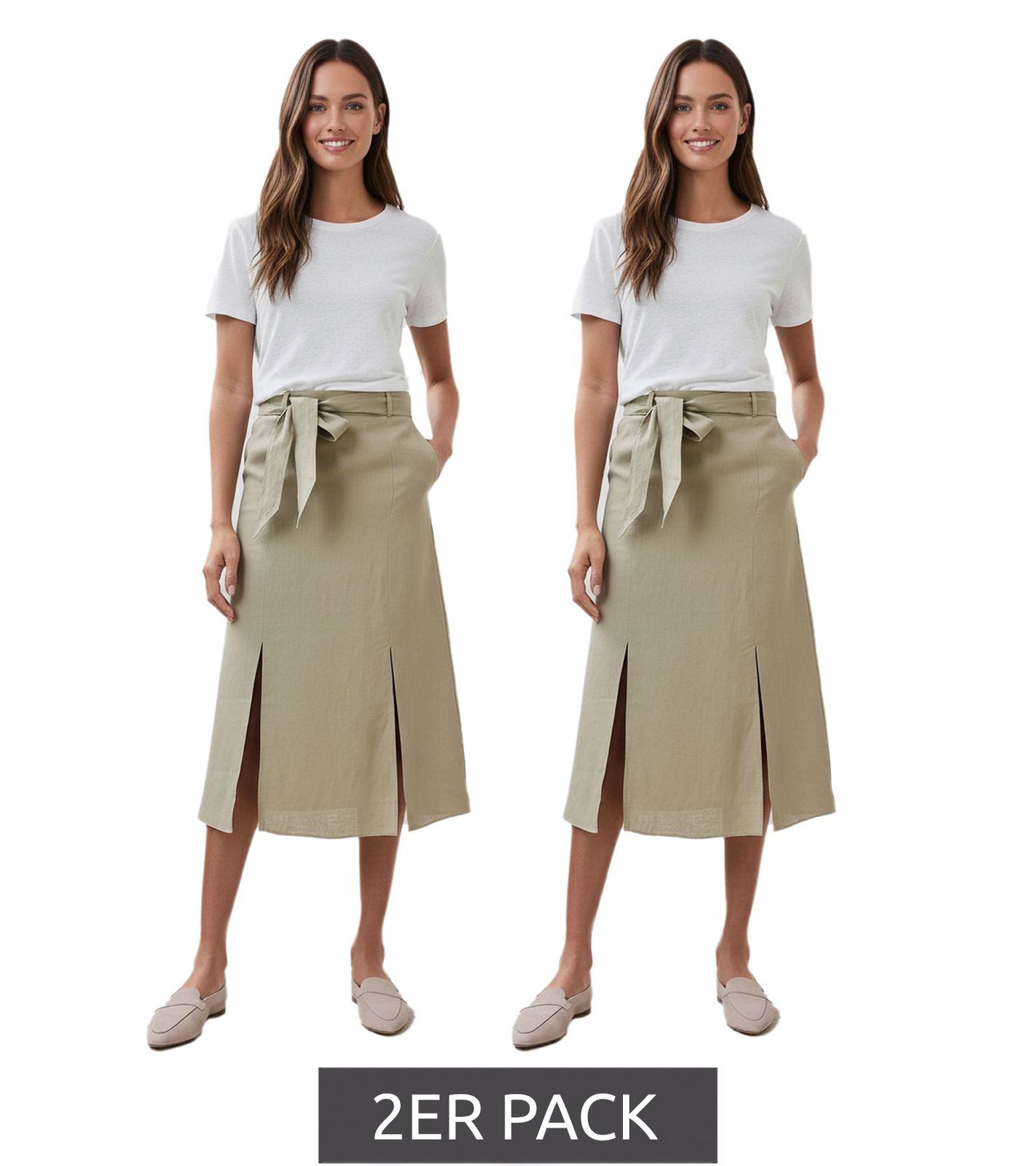 2er Pack romantischer Damen Sommer-Rock mit Bindegürtel aus reinem Leinen Midi-Rock 927542 Khaki