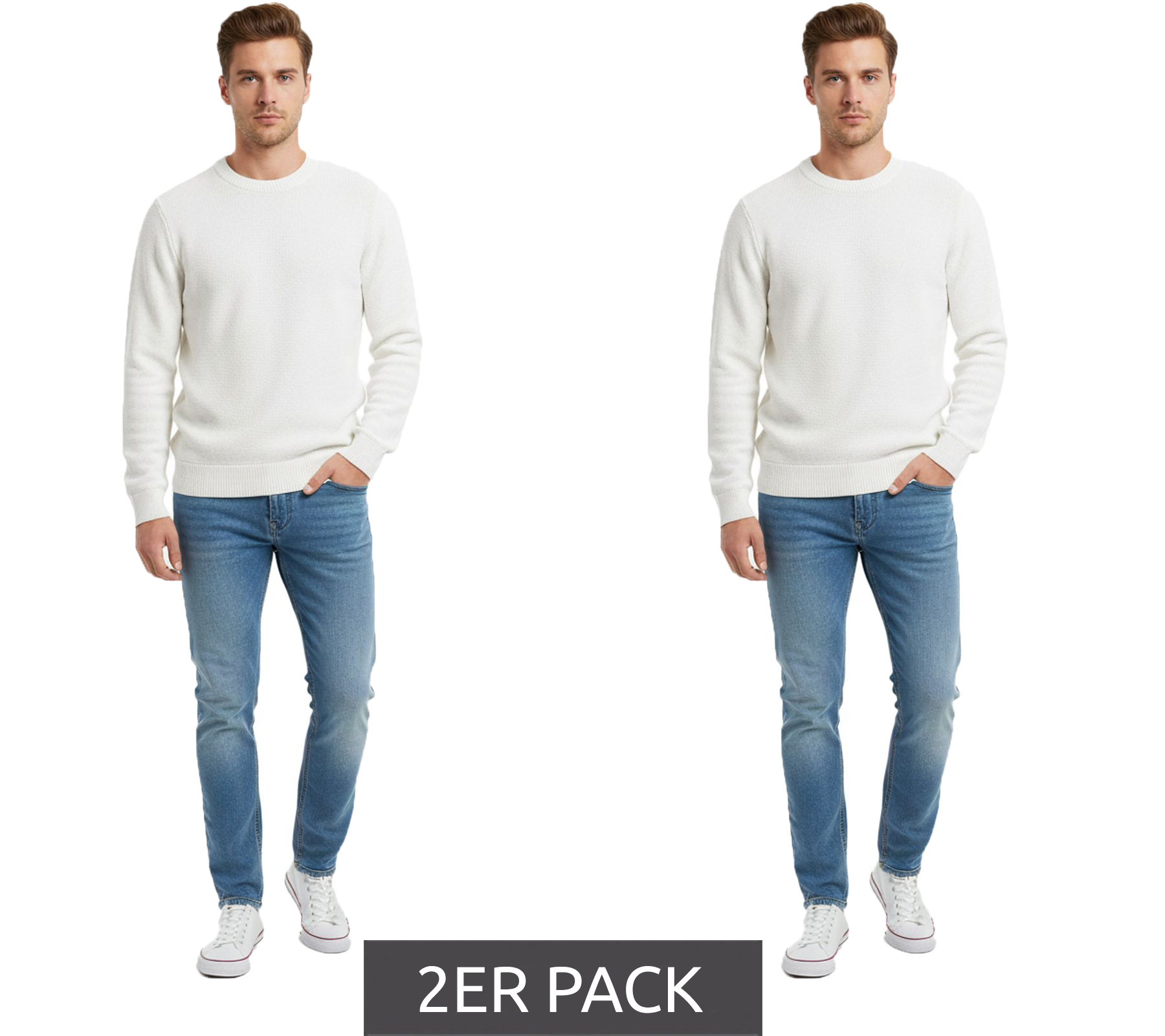 2er Pack schlichter ESPRIT Herren Strick-Pullover Rundhals-Sweater Baumwoll-Pullover Weiß