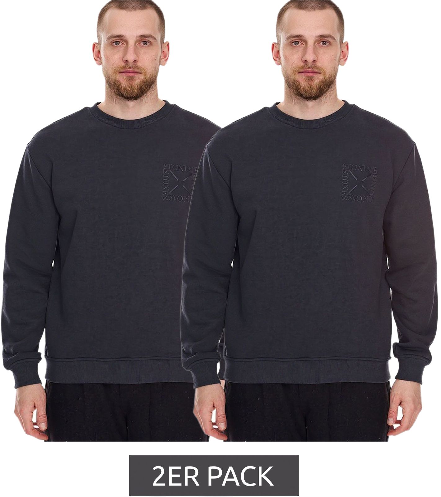 2er Pack STONES Herren Basic-Pullover moderner Baumwoll-Sweater Sweatshirt Langarm-Shirt 400gsm Dunkel-Grau