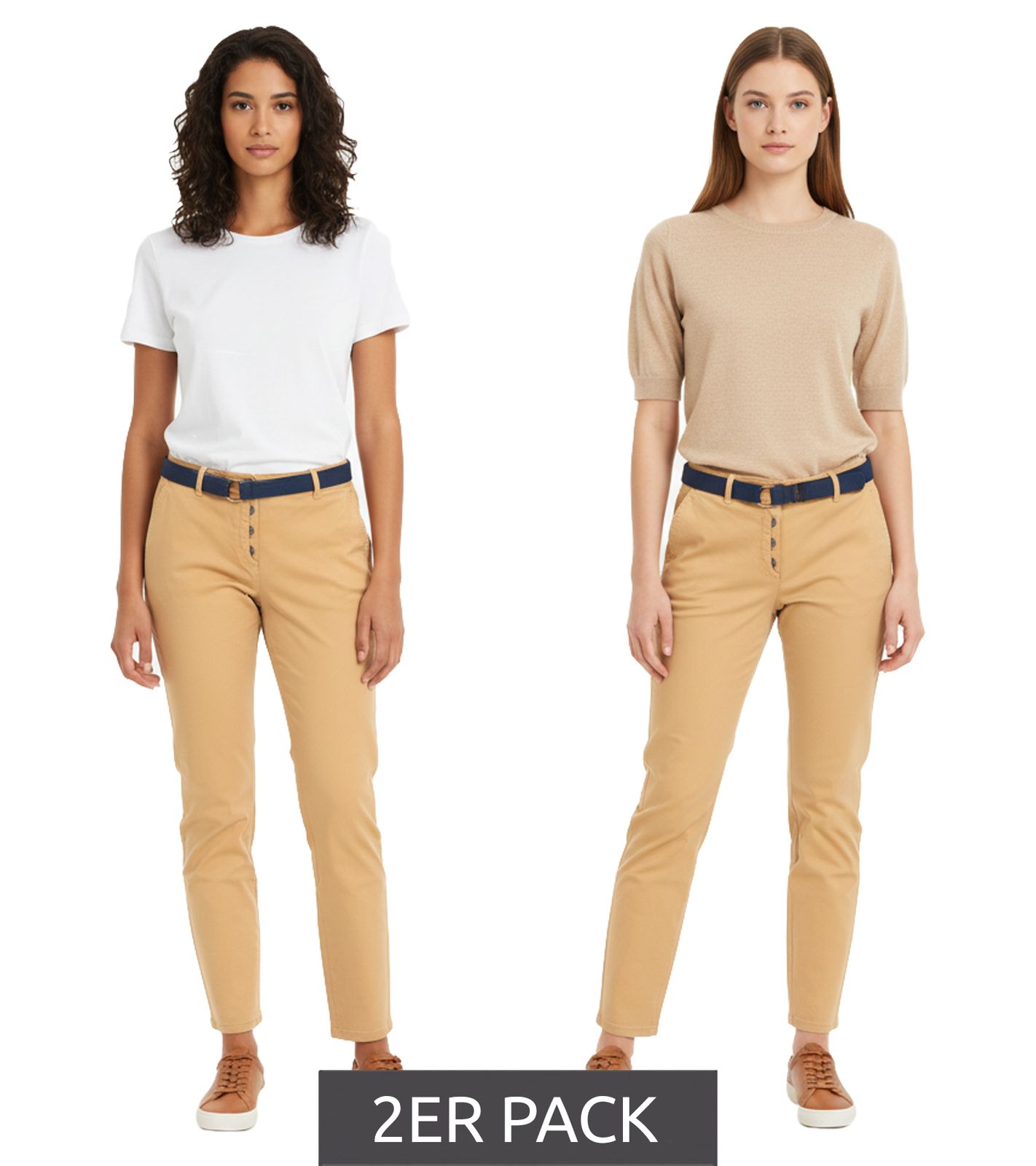 2er Pack TOM TAILOR Damen Chino-Hose stylische Alltags-Hose mit Gürtel 46246404 Beige