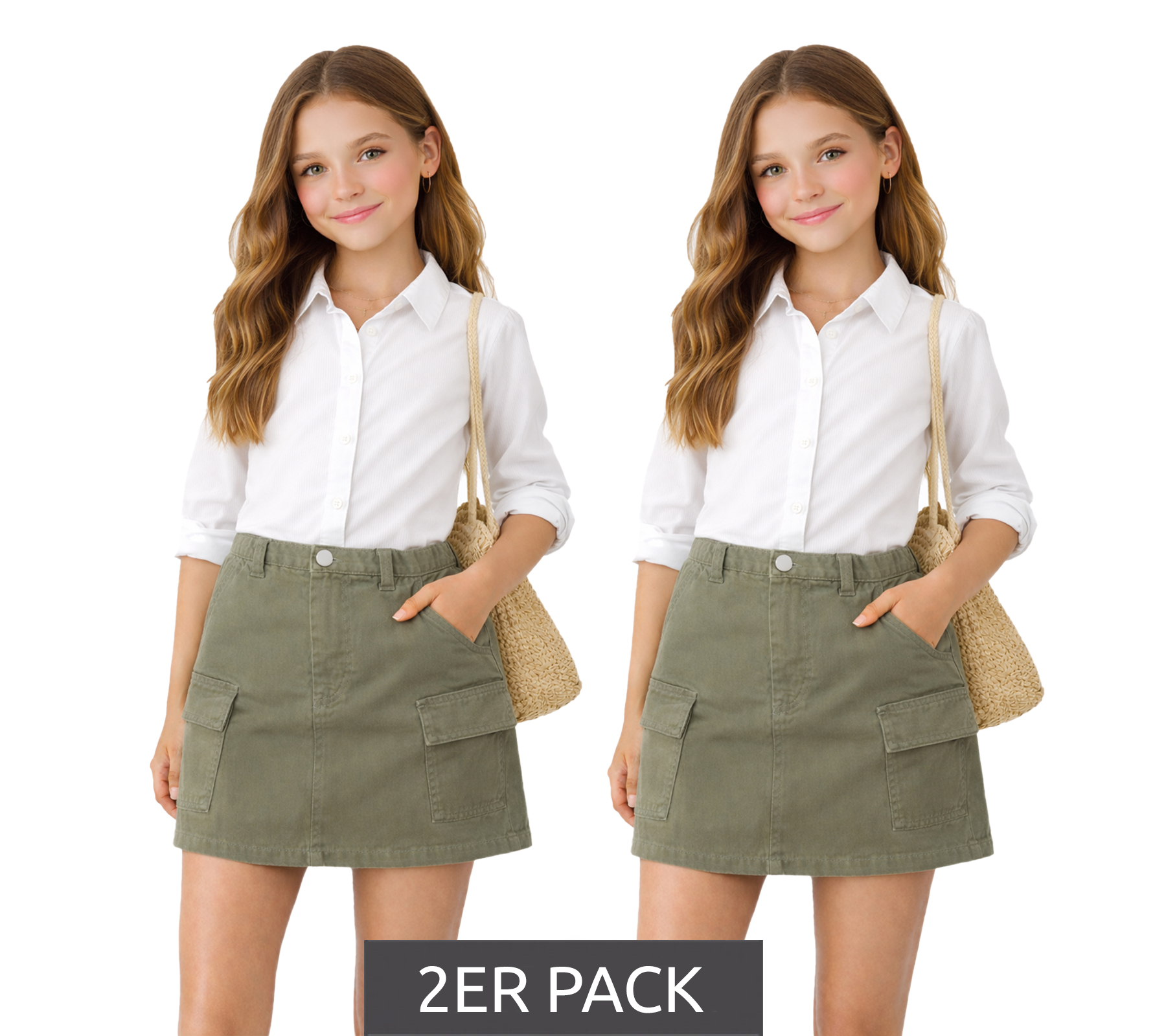 2er Pack trendiger Kinder Cargo-Rock für Mädchen Sommer-Rock mit seitlichen Taschen Baumwoll-Rock 906440 Olivgrün