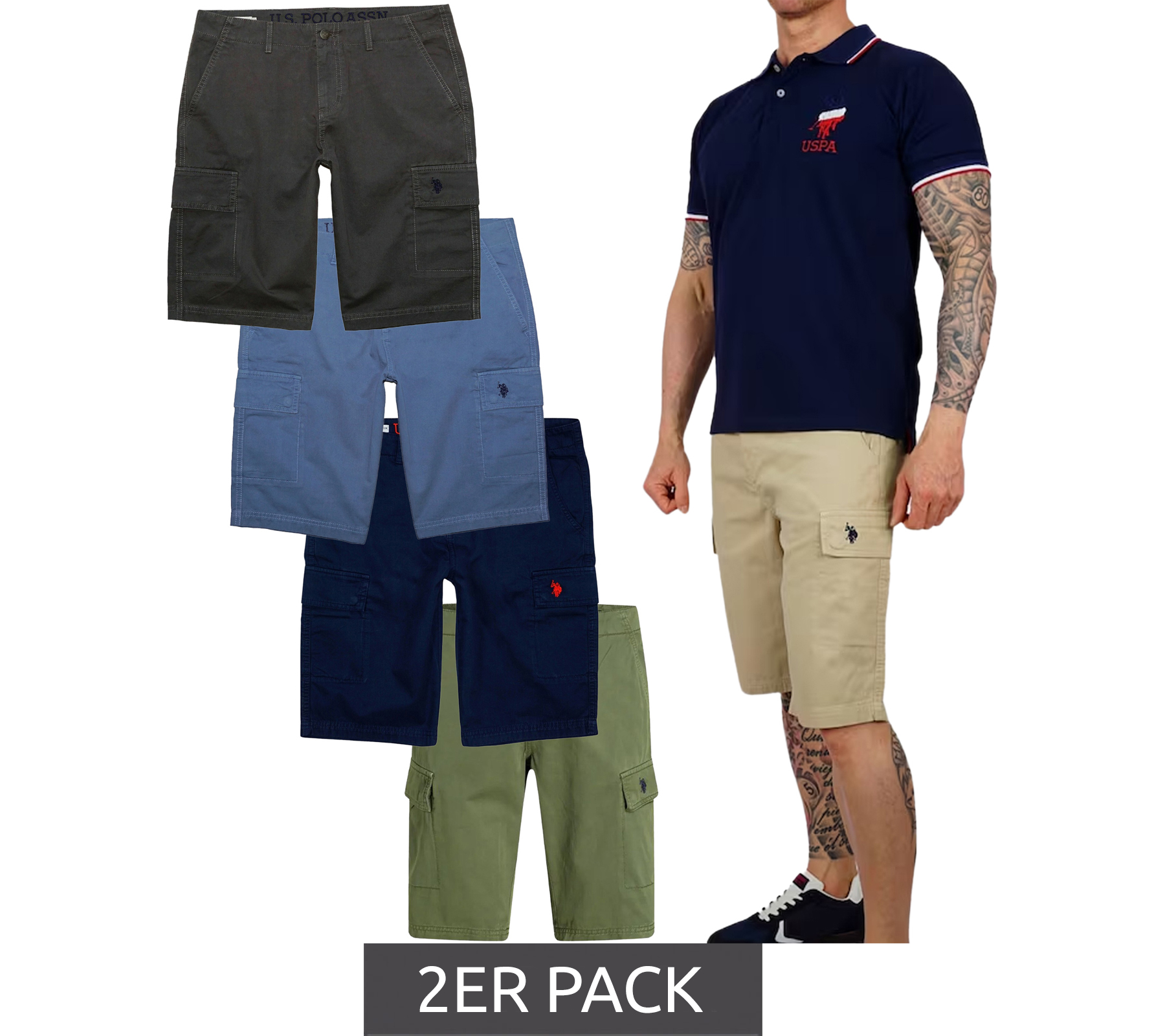 2er Pack U.S. POLO ASSN. Herren Freizeit-Cargo Shorts leichte Freizeit-Shorts mit U.S. Polo Stickerei kurze Hose 143 68147 52661 in Khaki, Blau, Beige oder Grau