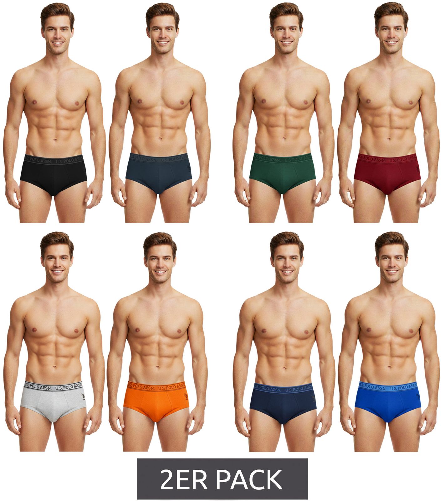 2er Pack U.S. POLO ASSN. Premium Herren Slips Unterhose nachhaltige Unterwäsche 180 g/m² 134 68263 53696 in Grau/Schwarz, Blau/Navy, Grün/Rot, Orange/Grau