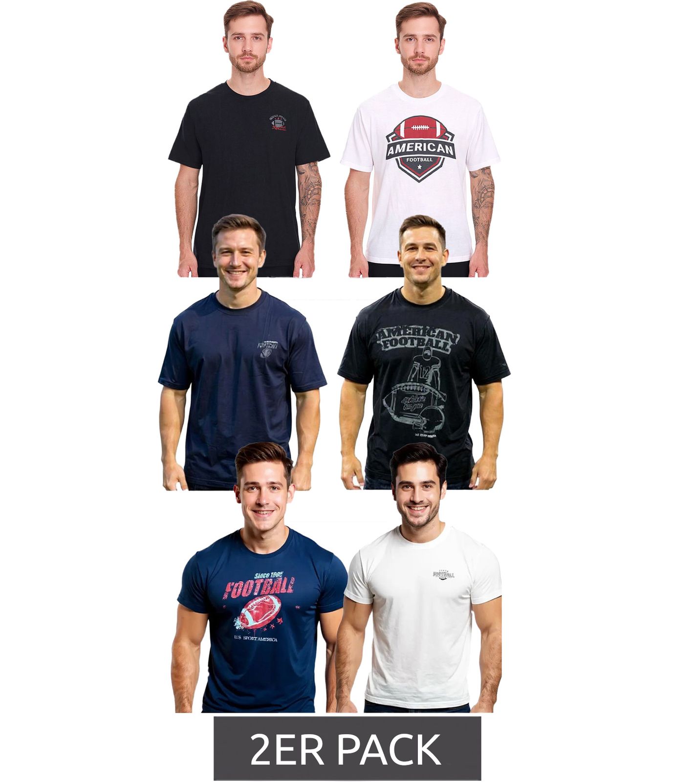 2er Pack U.S. SPORT AMERICA Herren T-Shirt Basic Baumwoll-Shirt Rundhals-Shirt Kurzarm in Blau/Schwarz, Schwarz/Weiß oder Blau/Weiß