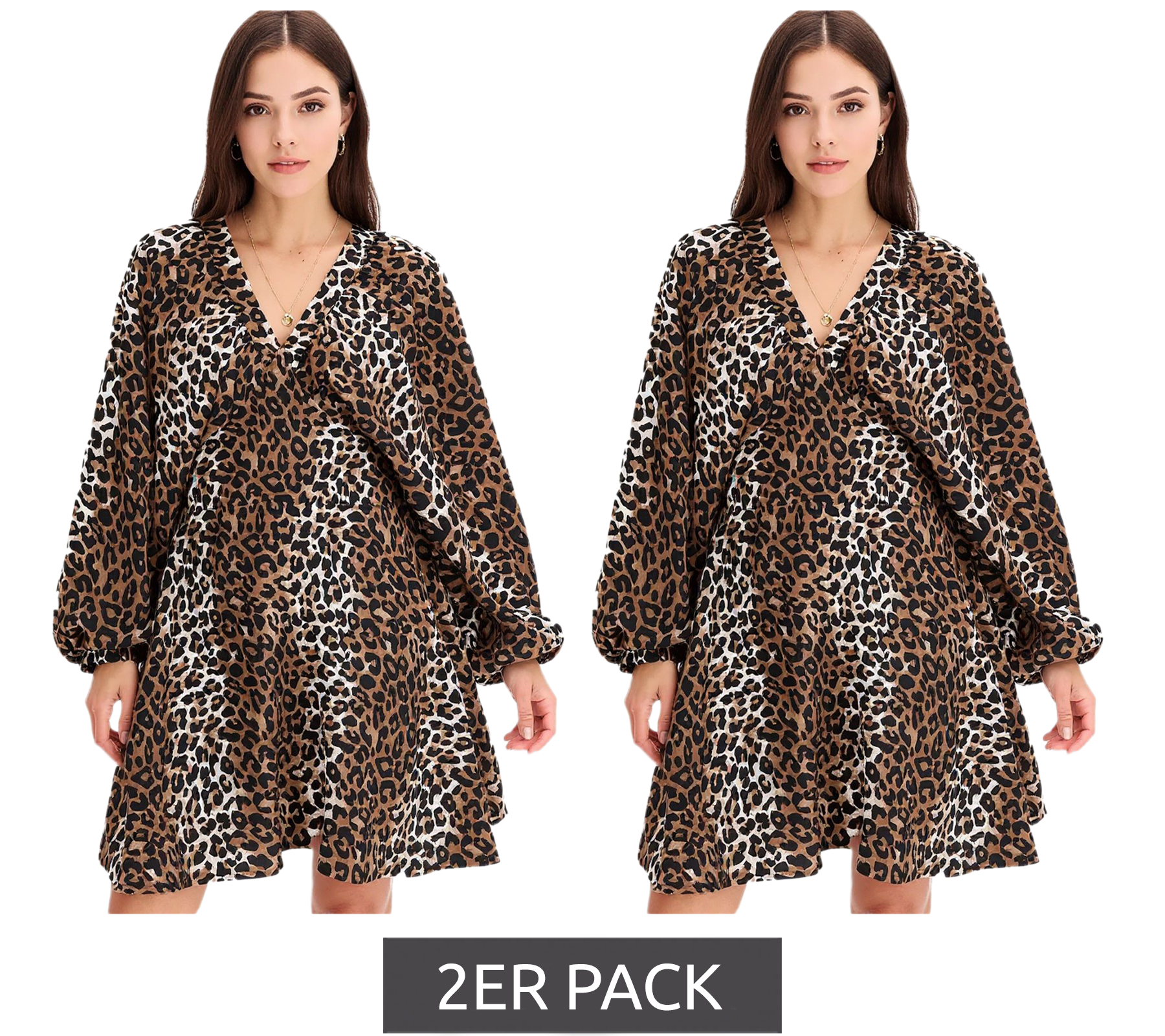 2er Pack wildes Damen Sommer-Kleid Animalprint-Kleid mit Ballonärmeln kurzes Mini-Kleid Sparpack 973887 Braun