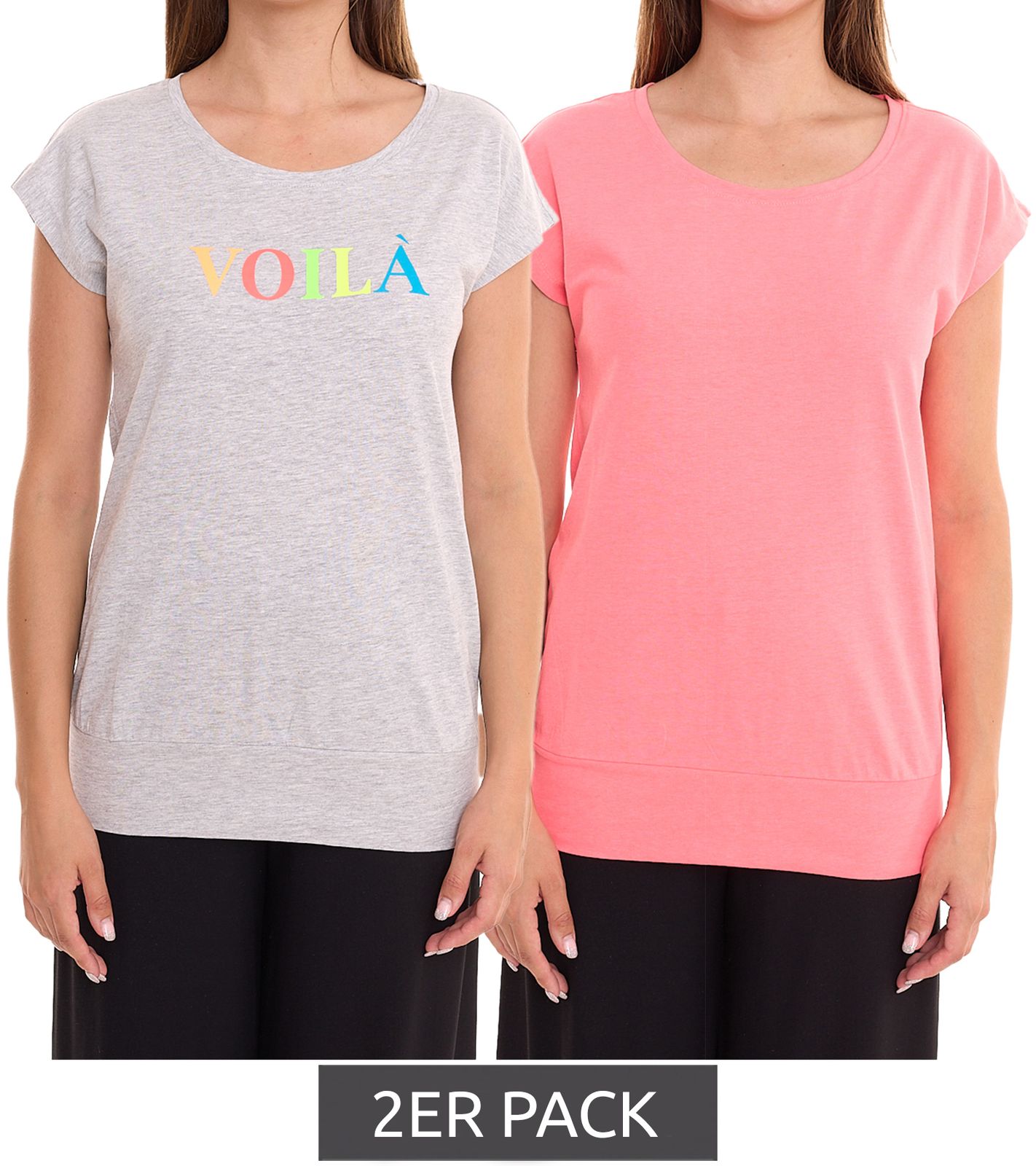 2er Set AJC Damen T-Shirt Rundhals-Shirt Baumwoll-Shirt Kurzarm-Shirt 71333114 Grau/Rosa