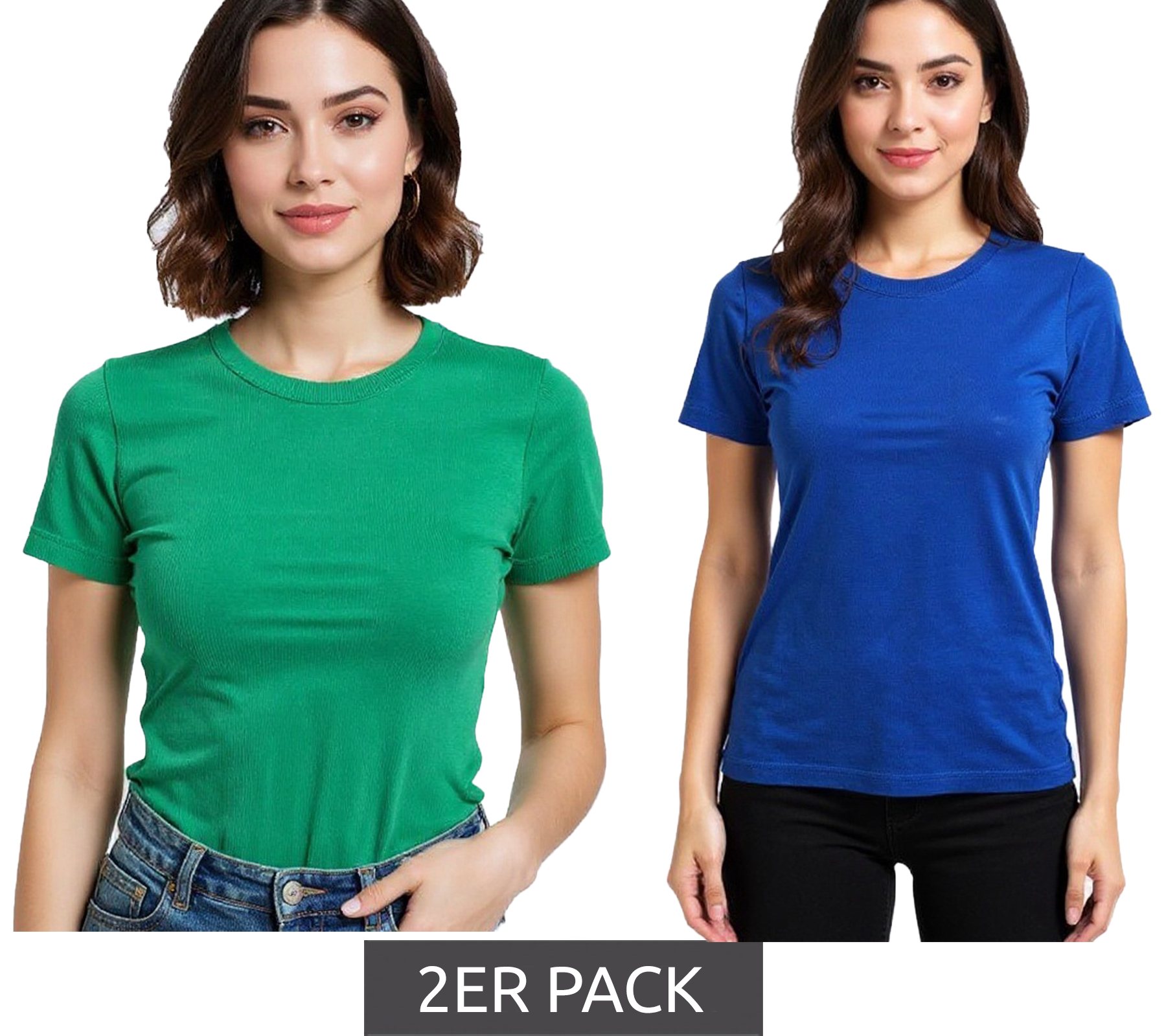 2er Set AJC Damen T-Shirt Rundhals-Shirt Baumwoll-Shirt Kurzarm-Shirt 97804453 Blau/Grün